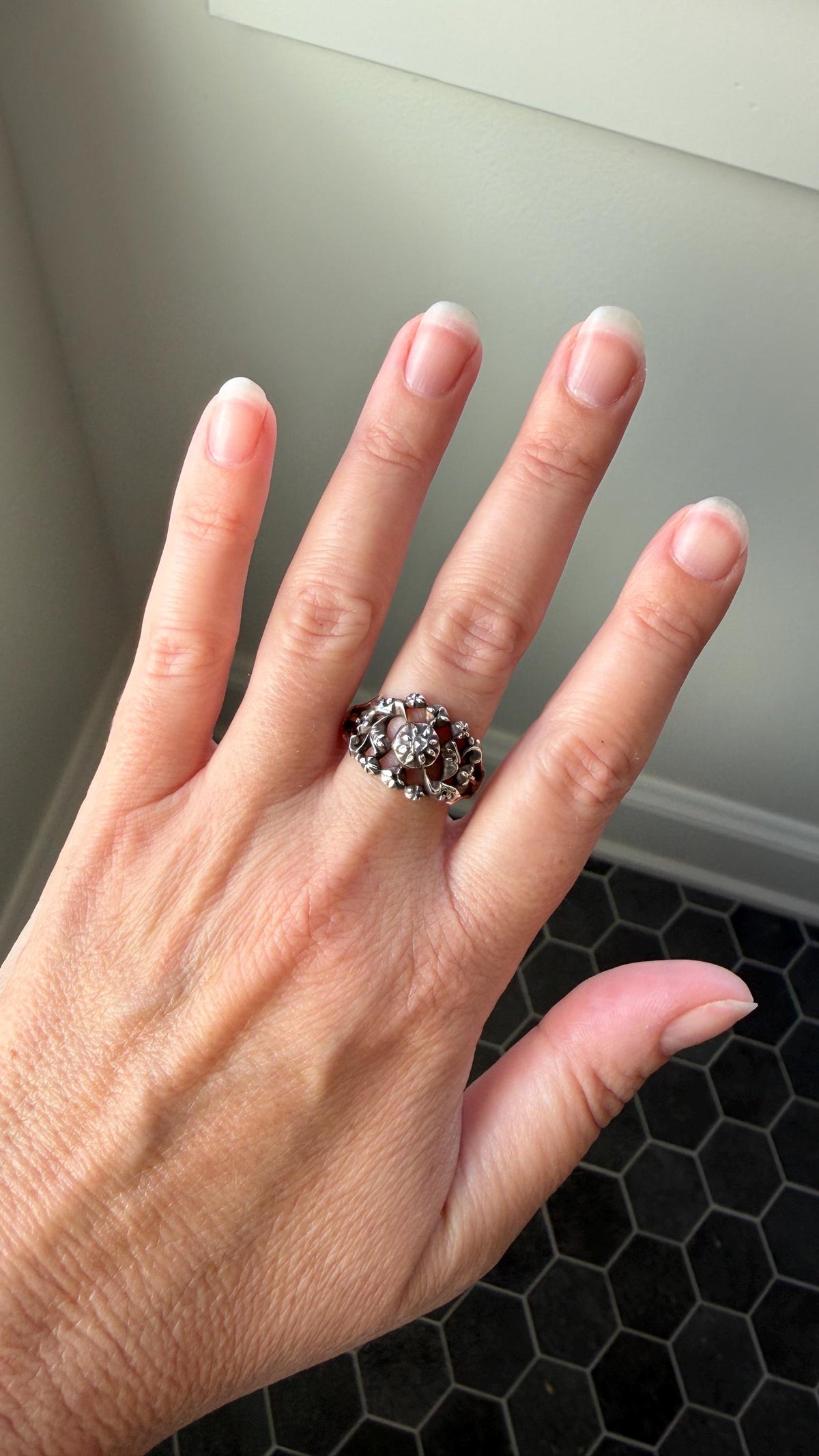 Ornate Victorian Antique Lacy Floral Vine 14k Gold Silver Rose Cut Diamond Ring Scrolled Wide Band Stacker