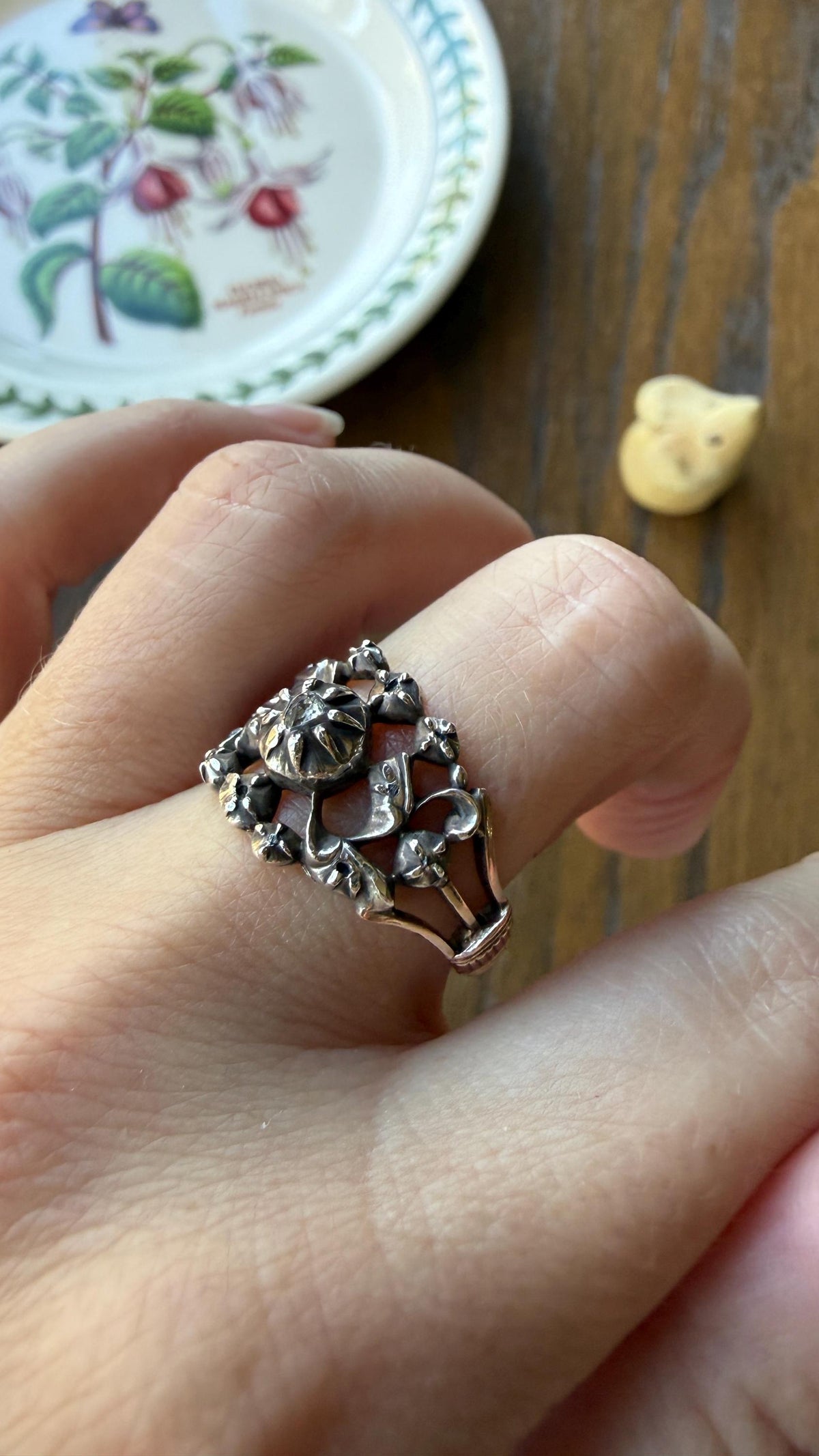 Ornate Victorian Antique Lacy Floral Vine 14k Gold Silver Rose Cut Diamond Ring Scrolled Wide Band Stacker