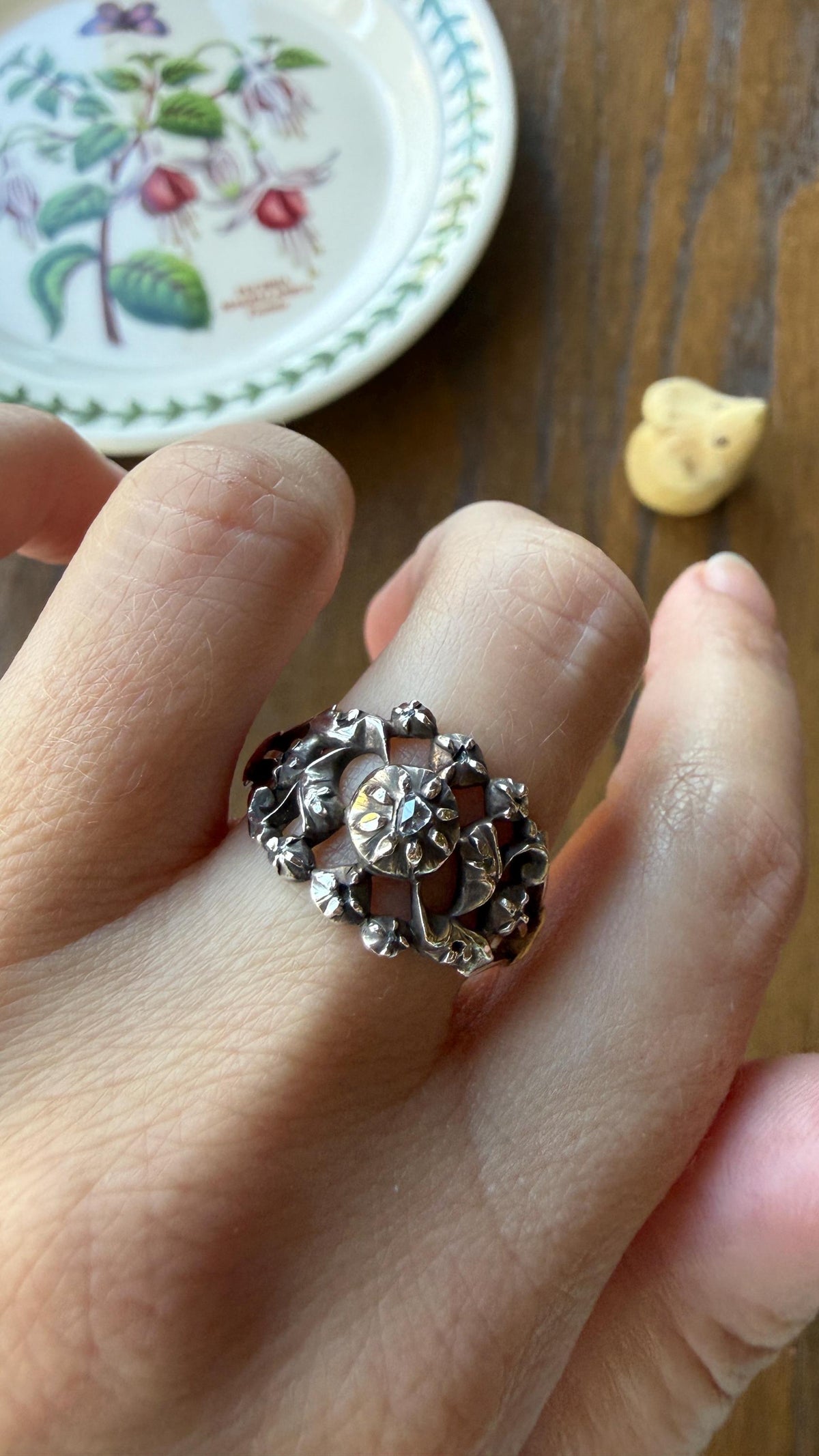 Ornate Victorian Antique Lacy Floral Vine 14k Gold Silver Rose Cut Diamond Ring Scrolled Wide Band Stacker