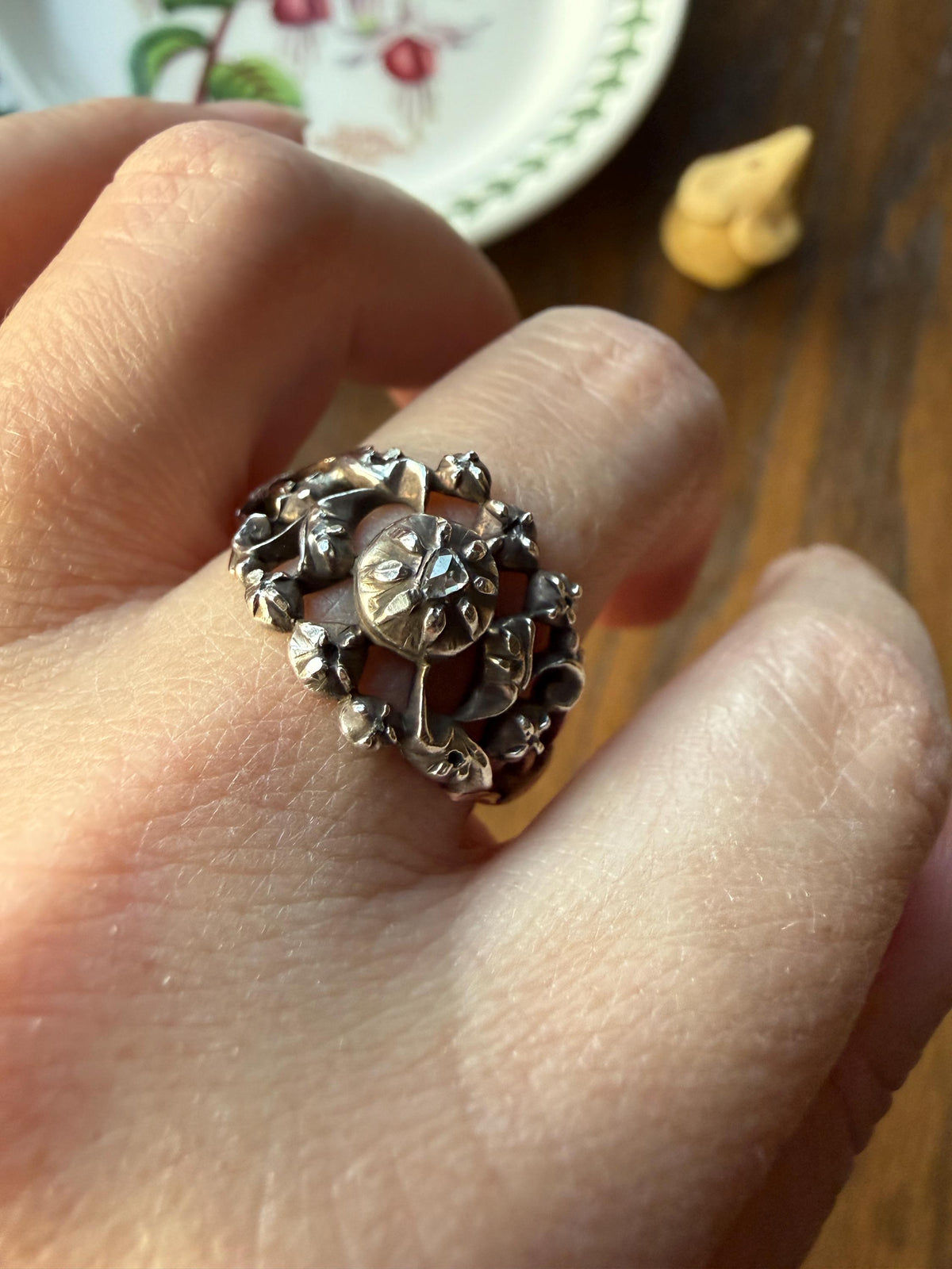 Ornate Victorian Antique Lacy Floral Vine 14k Gold Silver Rose Cut Diamond Ring Scrolled Wide Band Stacker