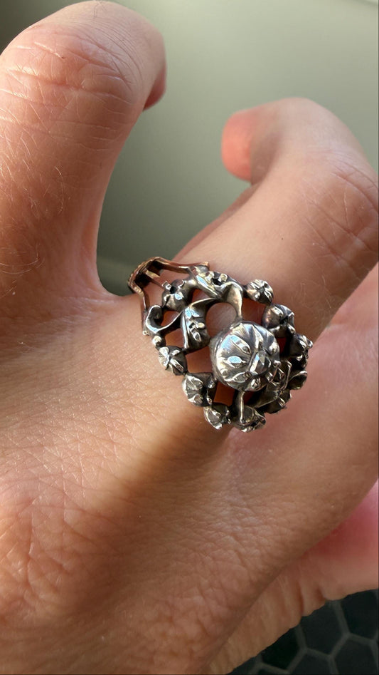 Ornate Victorian Antique Lacy Floral Vine 14k Gold Silver Rose Cut Diamond Ring Scrolled Wide Band Stacker