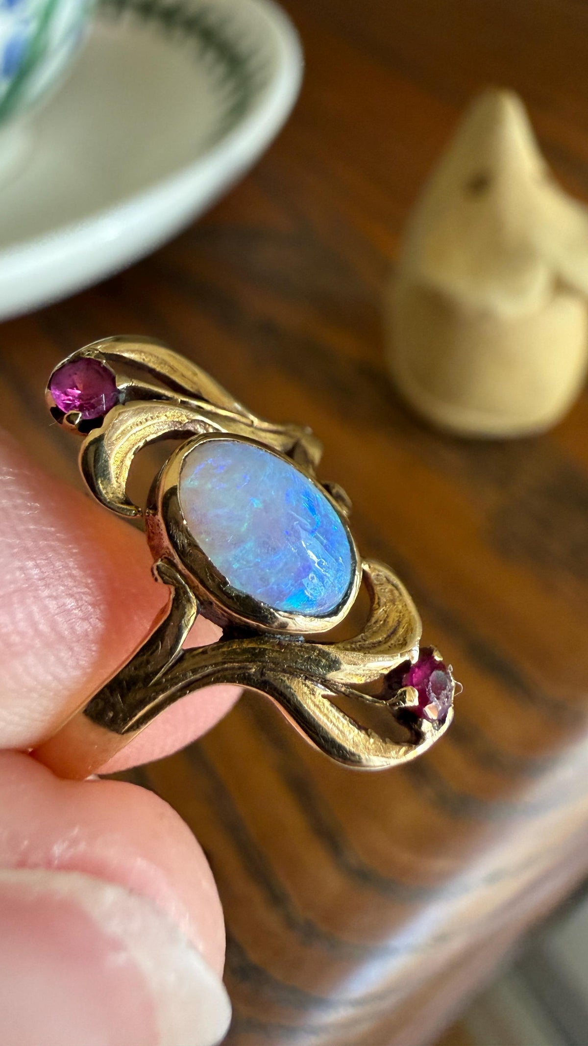 Art Nouveau SWIRL Glossy Natural Blue Opal Ruby French Antique Ring 18k Gold Victorian Figural Romantic Gift Belle Epoque