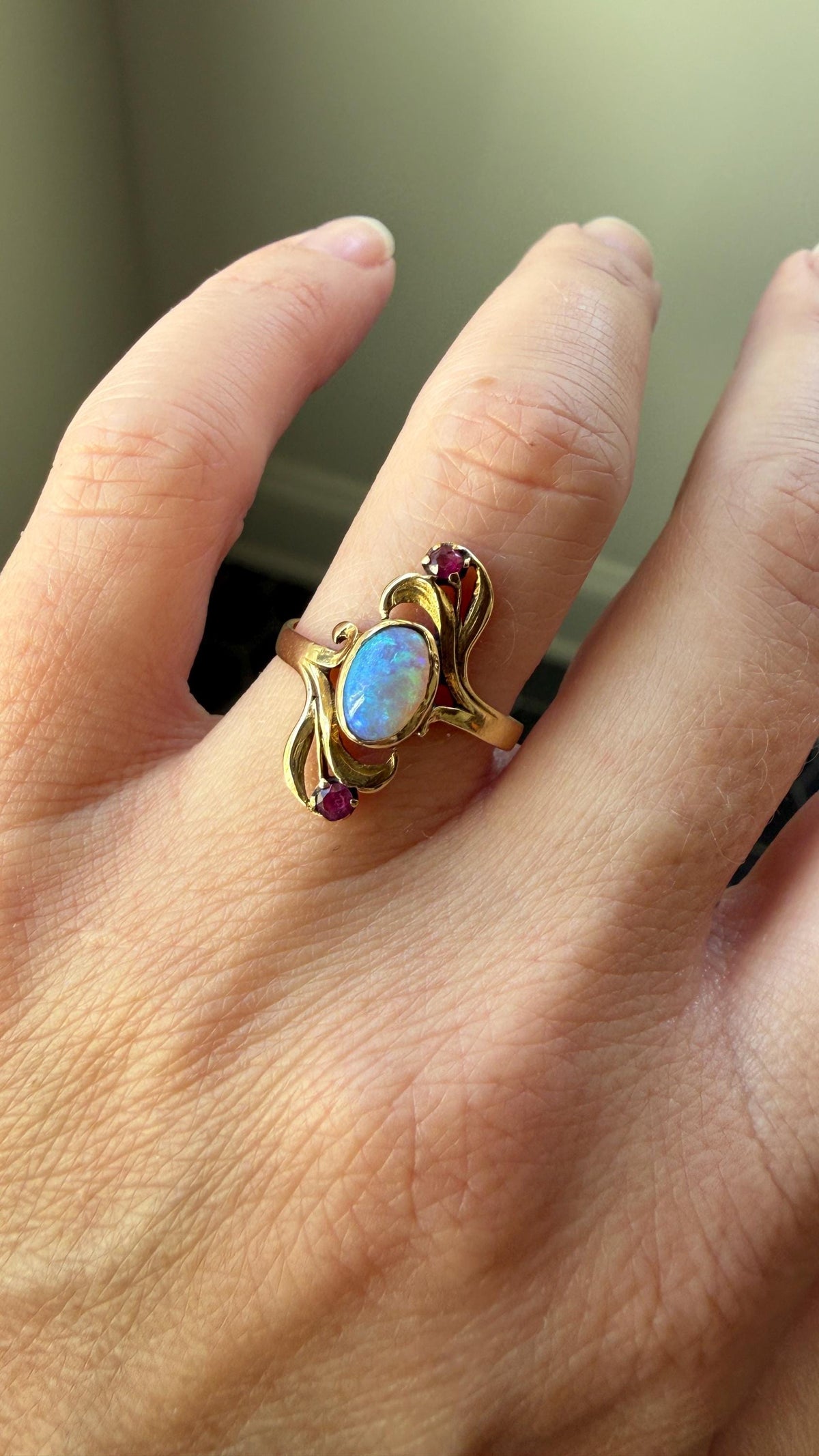 Art Nouveau SWIRL Glossy Natural Blue Opal Ruby French Antique Ring 18k Gold Victorian Figural Romantic Gift Belle Epoque