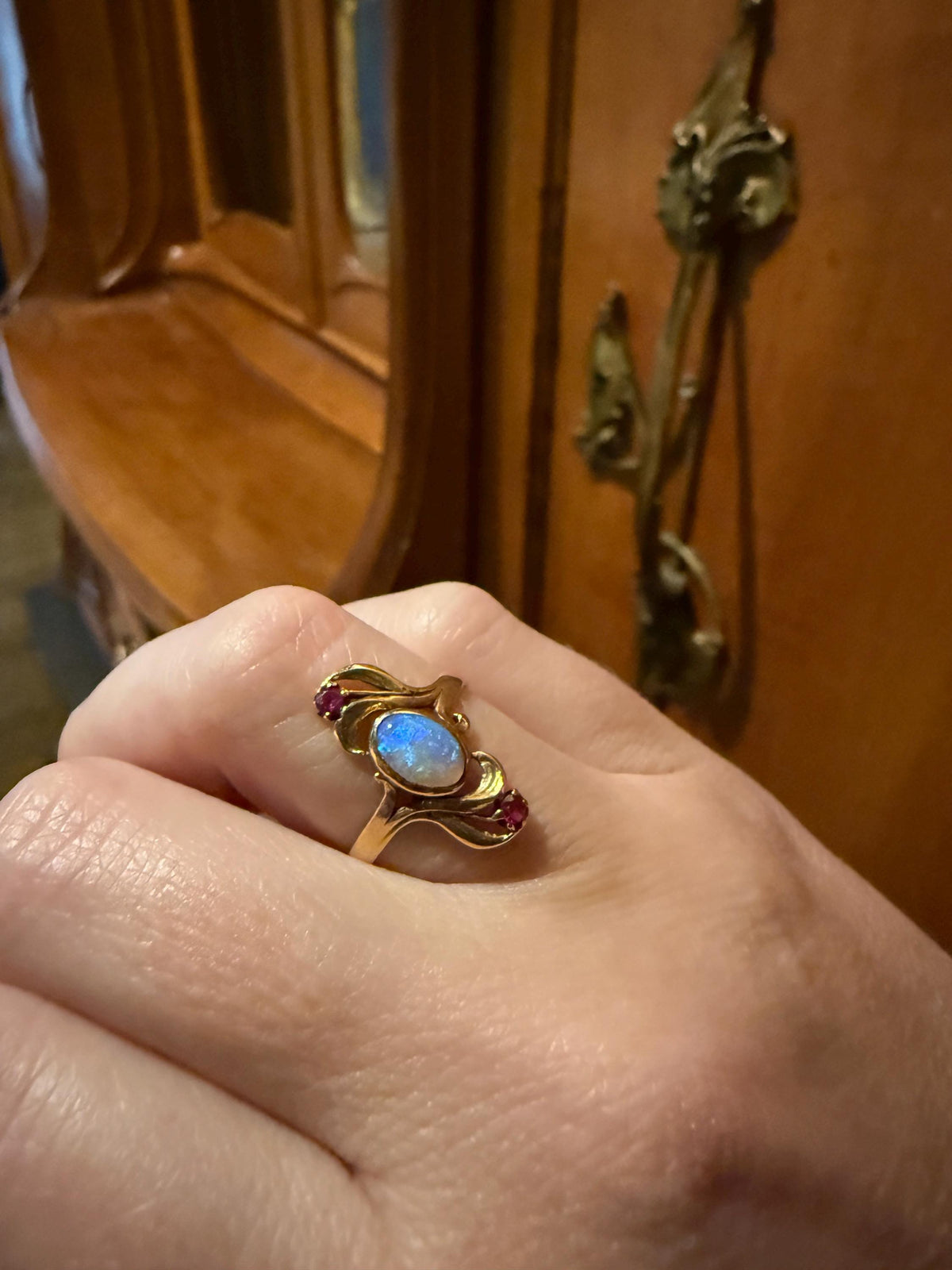 Art Nouveau SWIRL Glossy Natural Blue Opal Ruby French Antique Ring 18k Gold Victorian Figural Romantic Gift Belle Epoque