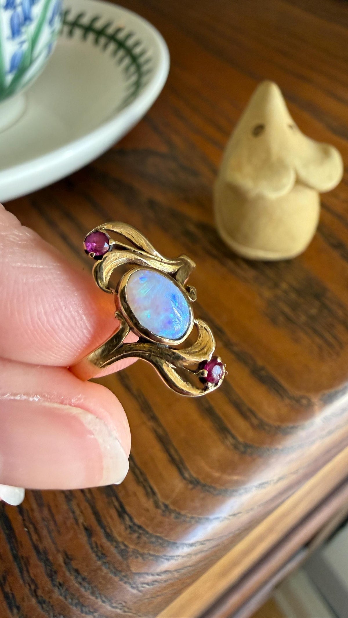 Art Nouveau SWIRL Glossy Natural Blue Opal Ruby French Antique Ring 18k Gold Victorian Figural Romantic Gift Belle Epoque