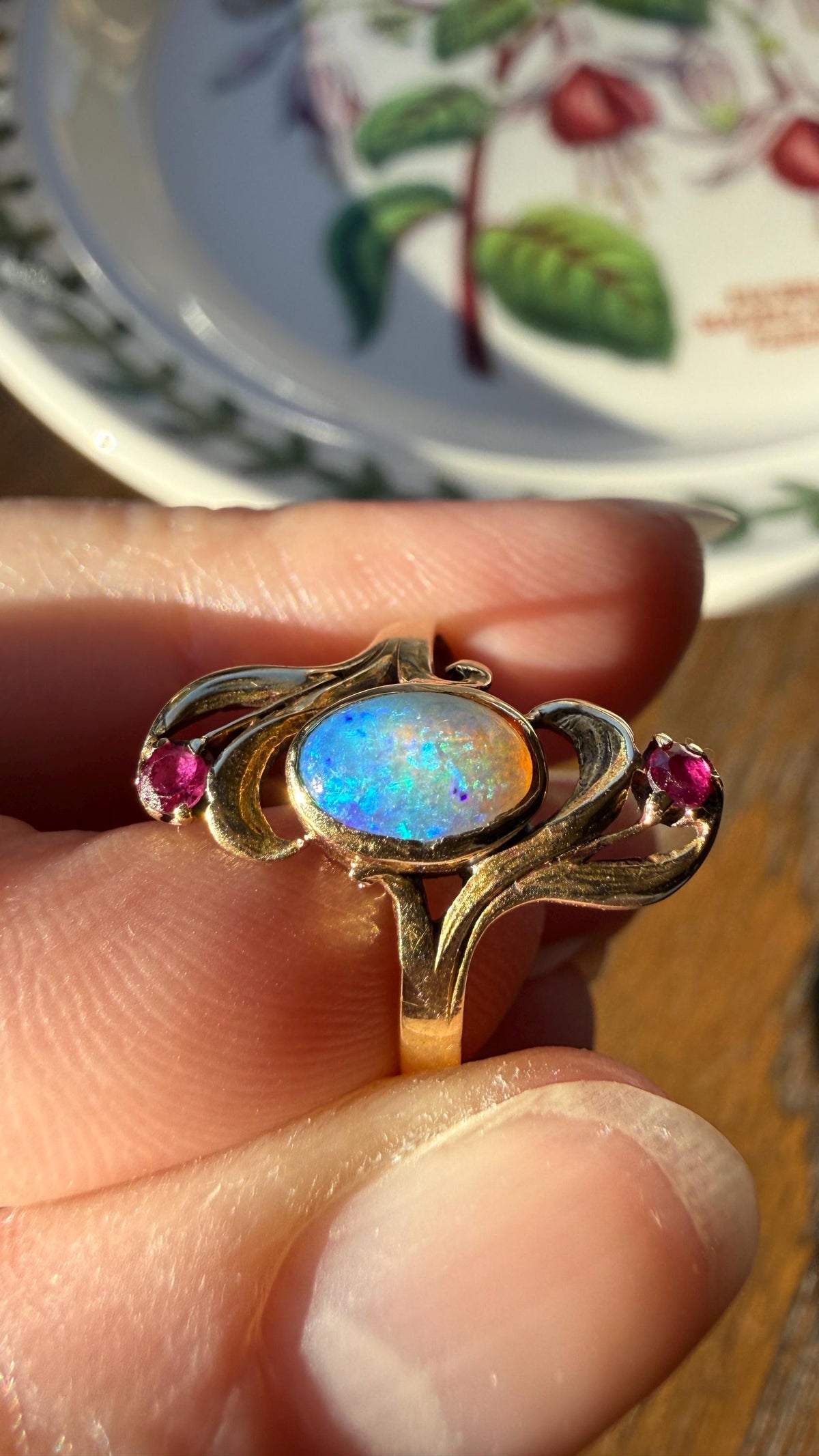 Art Nouveau SWIRL Glossy Natural Blue Opal Ruby French Antique Ring 18k Gold Victorian Figural Romantic Gift Belle Epoque