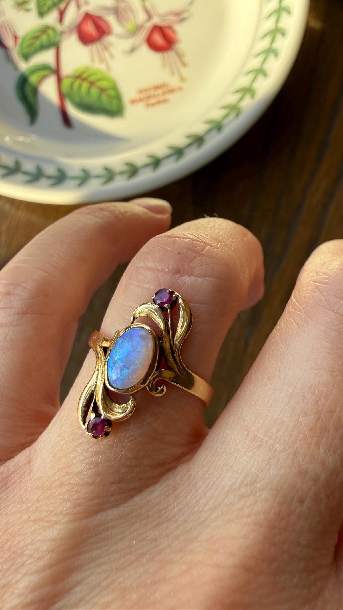 Art Nouveau SWIRL Glossy Natural Blue Opal Ruby French Antique Ring 18k Gold Victorian Figural Romantic Gift Belle Epoque