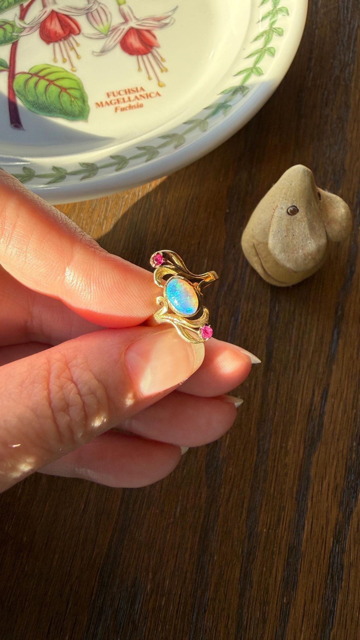 Art Nouveau SWIRL Glossy Natural Blue Opal Ruby French Antique Ring 18k Gold Victorian Figural Romantic Gift Belle Epoque