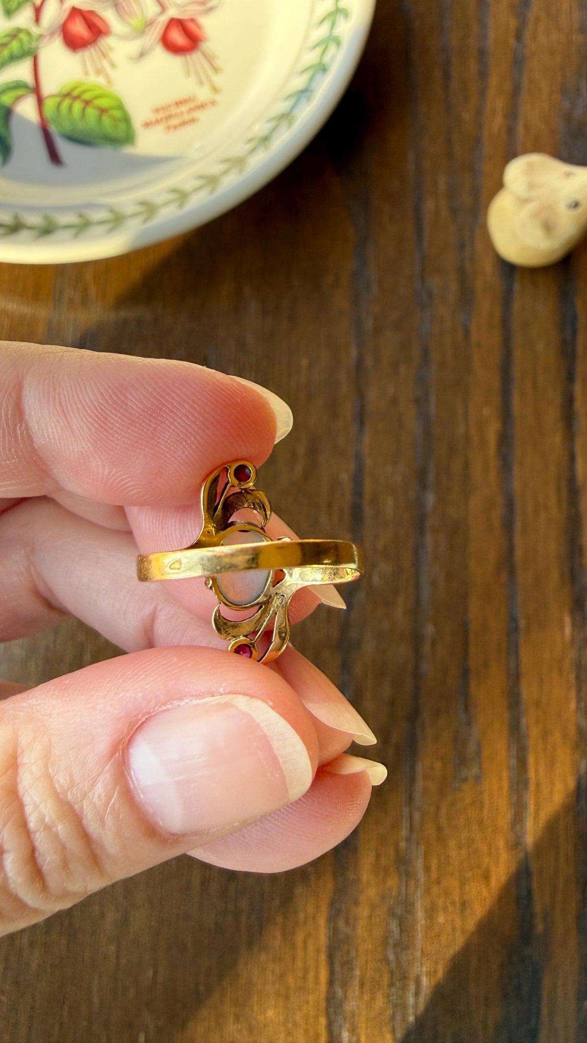 Art Nouveau SWIRL Glossy Natural Blue Opal Ruby French Antique Ring 18k Gold Victorian Figural Romantic Gift Belle Epoque