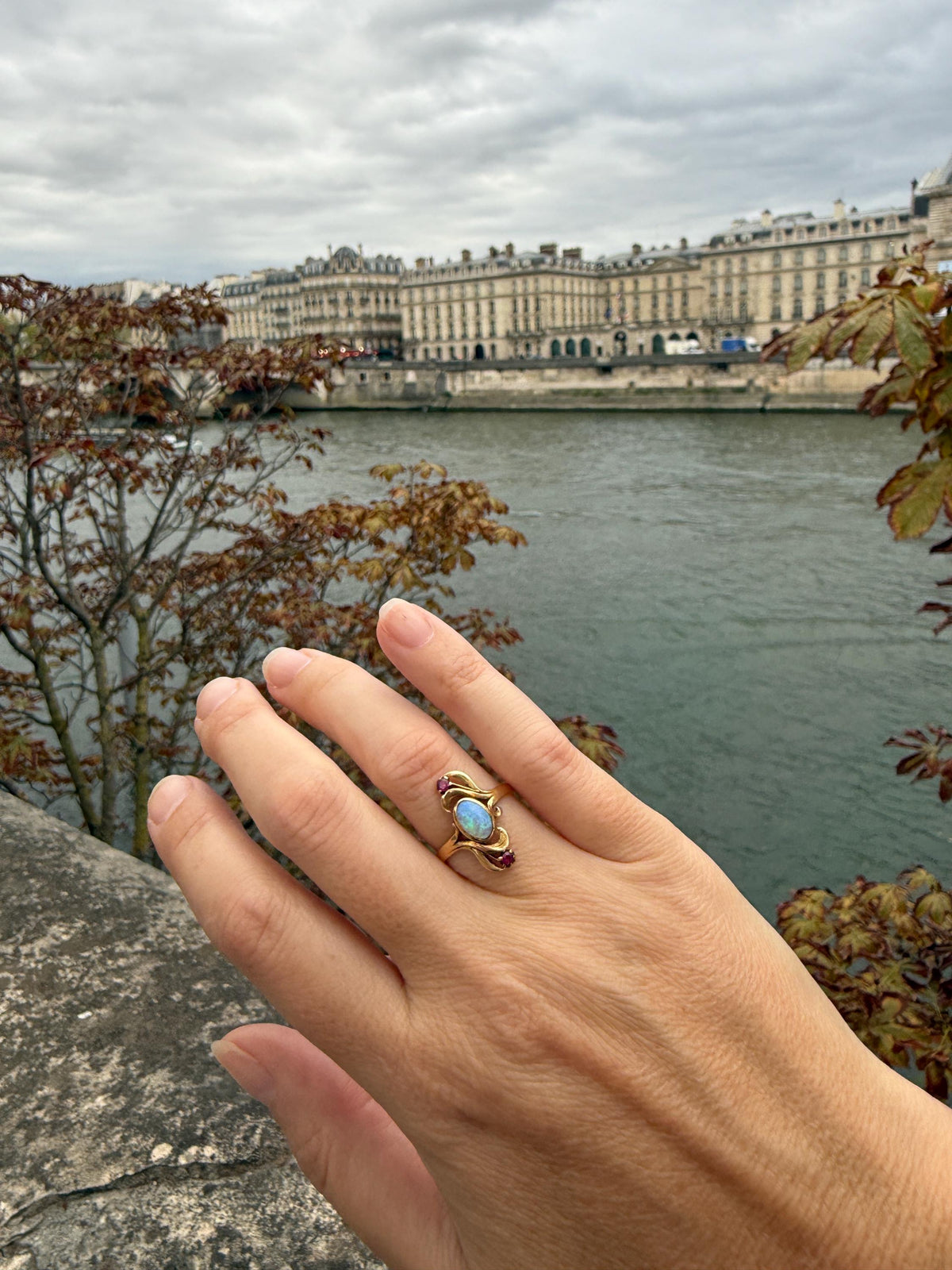 Art Nouveau SWIRL Glossy Natural Blue Opal Ruby French Antique Ring 18k Gold Victorian Figural Romantic Gift Belle Epoque