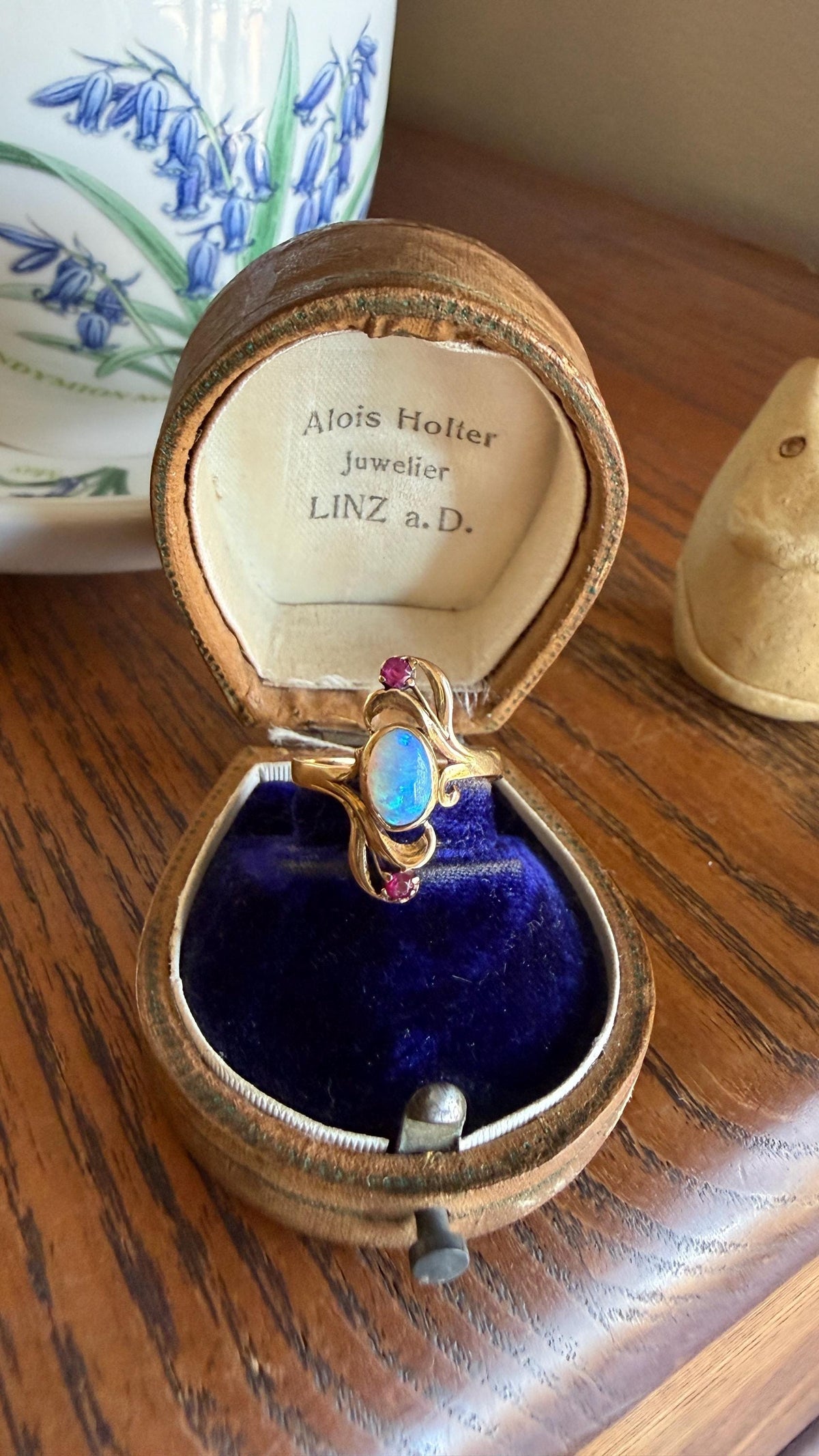 Art Nouveau SWIRL Glossy Natural Blue Opal Ruby French Antique Ring 18k Gold Victorian Figural Romantic Gift Belle Epoque