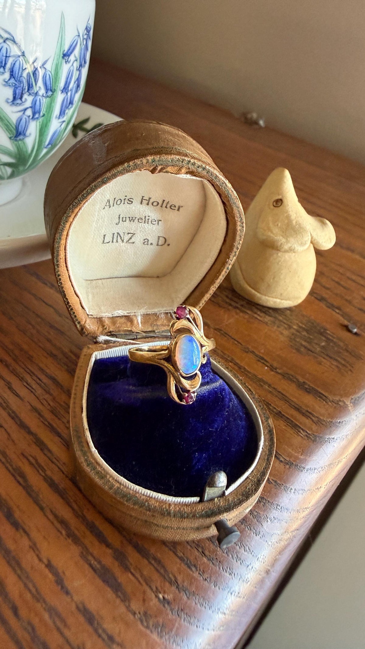 Art Nouveau SWIRL Glossy Natural Blue Opal Ruby French Antique Ring 18k Gold Victorian Figural Romantic Gift Belle Epoque