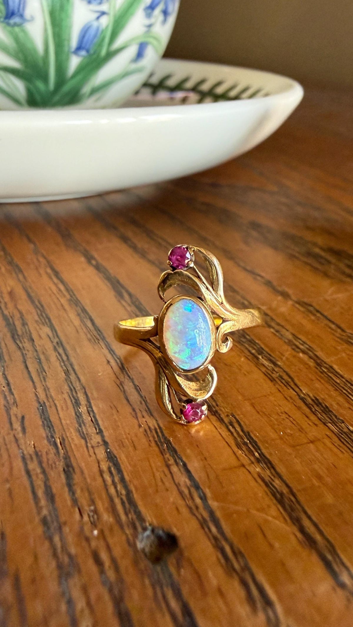 Art Nouveau SWIRL Glossy Natural Blue Opal Ruby French Antique Ring 18k Gold Victorian Figural Romantic Gift Belle Epoque