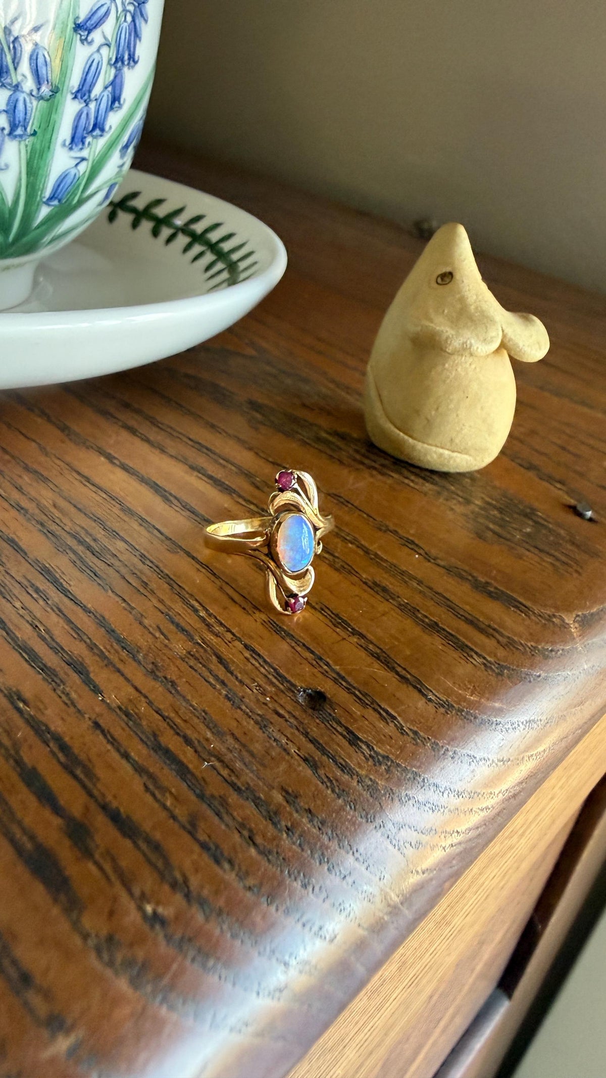 Art Nouveau SWIRL Glossy Natural Blue Opal Ruby French Antique Ring 18k Gold Victorian Figural Romantic Gift Belle Epoque