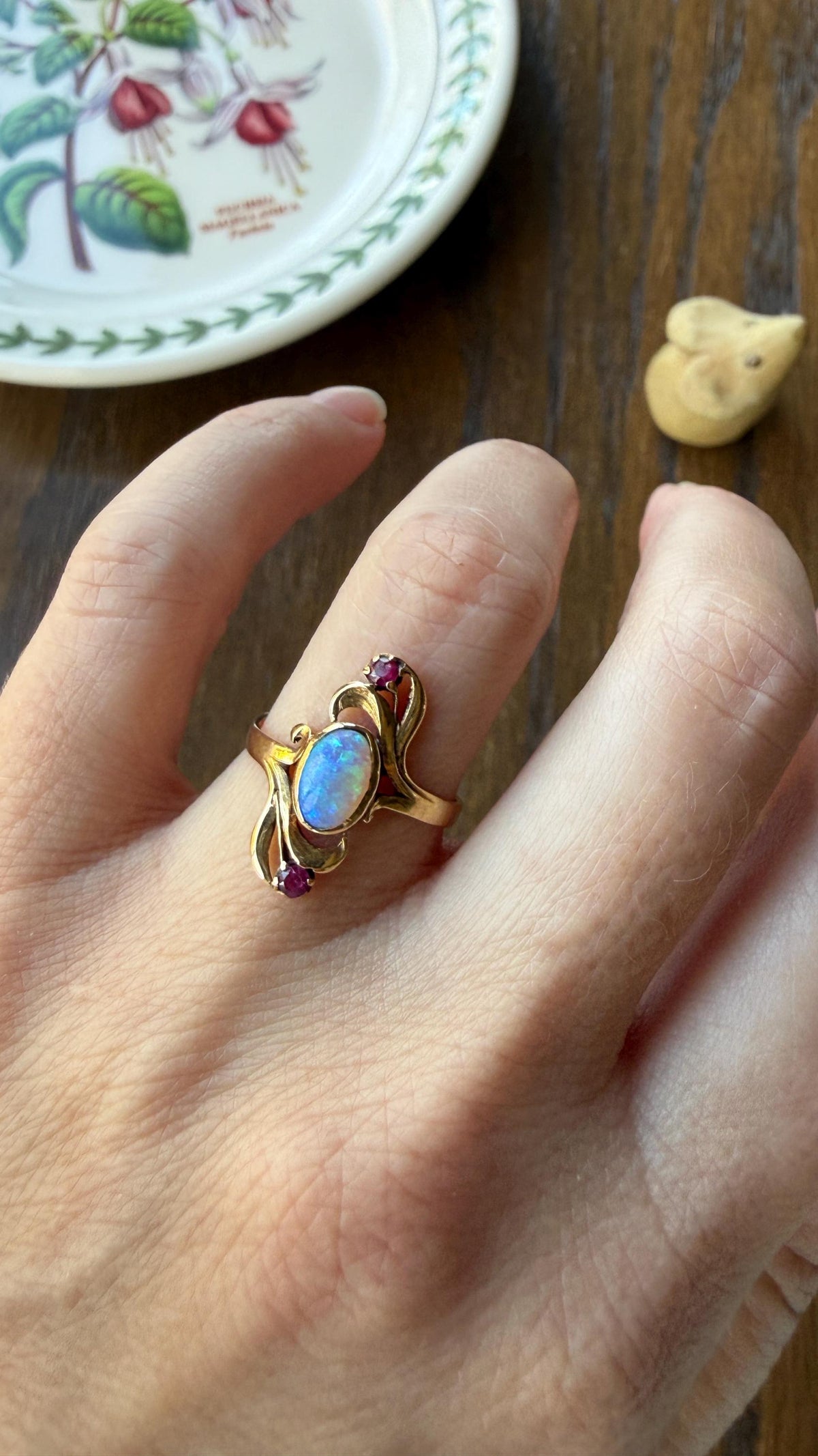 Art Nouveau SWIRL Glossy Natural Blue Opal Ruby French Antique Ring 18k Gold Victorian Figural Romantic Gift Belle Epoque
