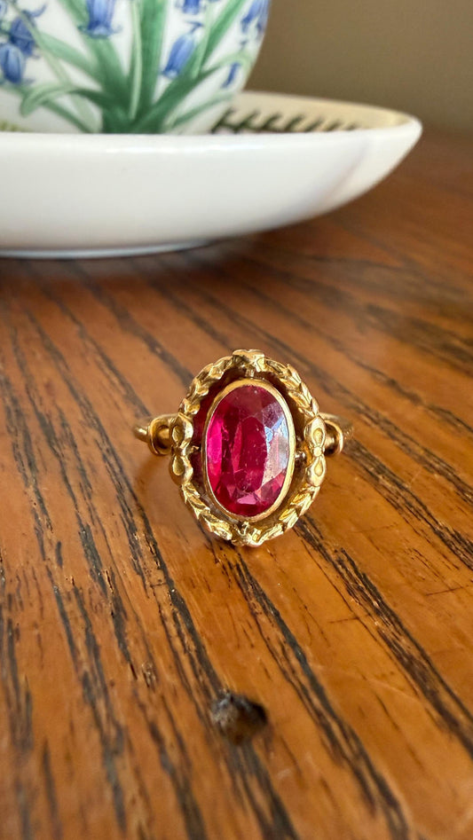 PINK Ruby Bow Garland Halo French Antique Halo Ring 18k Gold Art Nouveau Victorian Figural Romantic Gift Belle Epoque