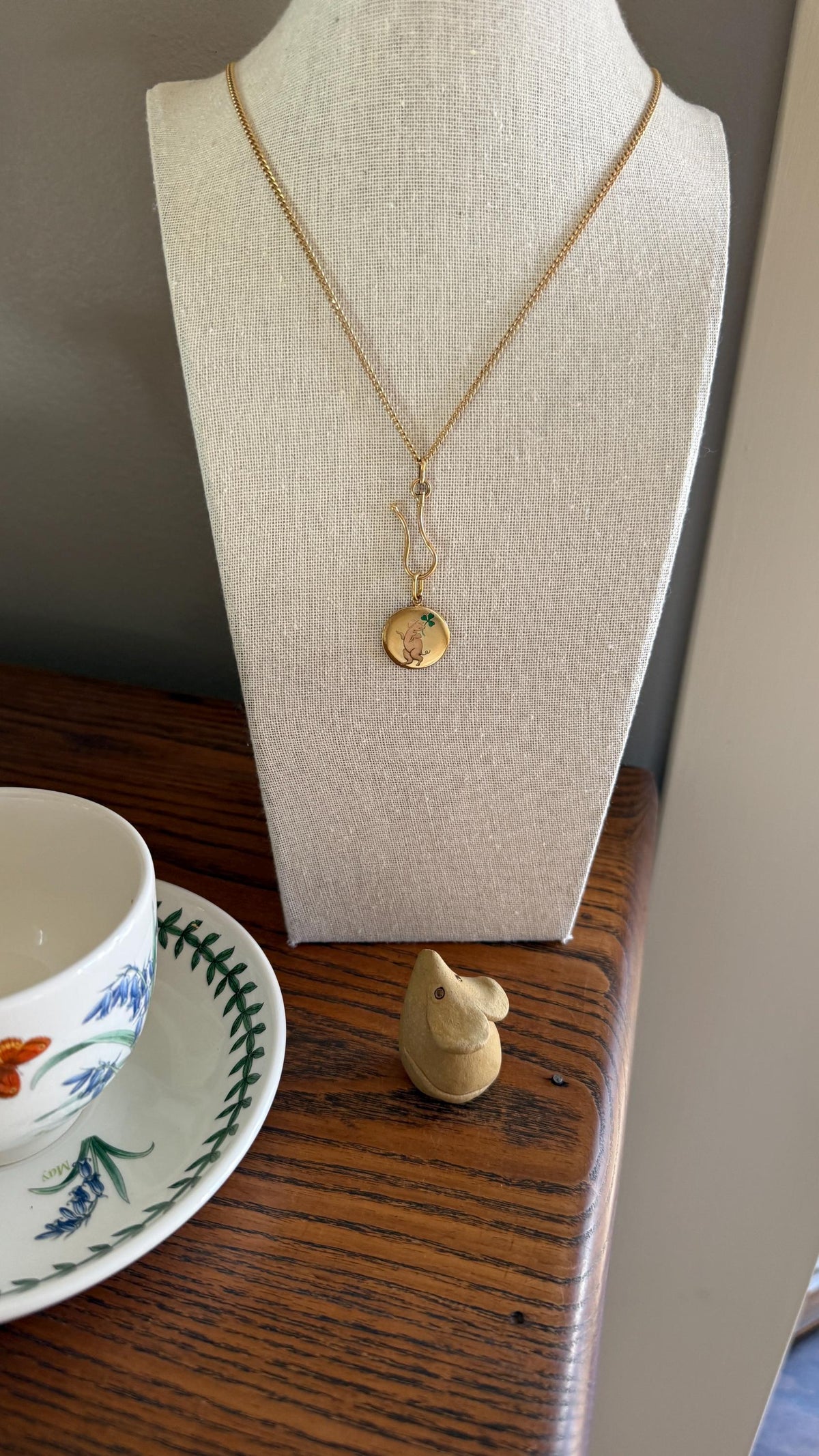 DANCING PIG Lucky Clover Antique Gilt Solid Silver Pendant Charm Jugendstil Good Luck Medallion Figural