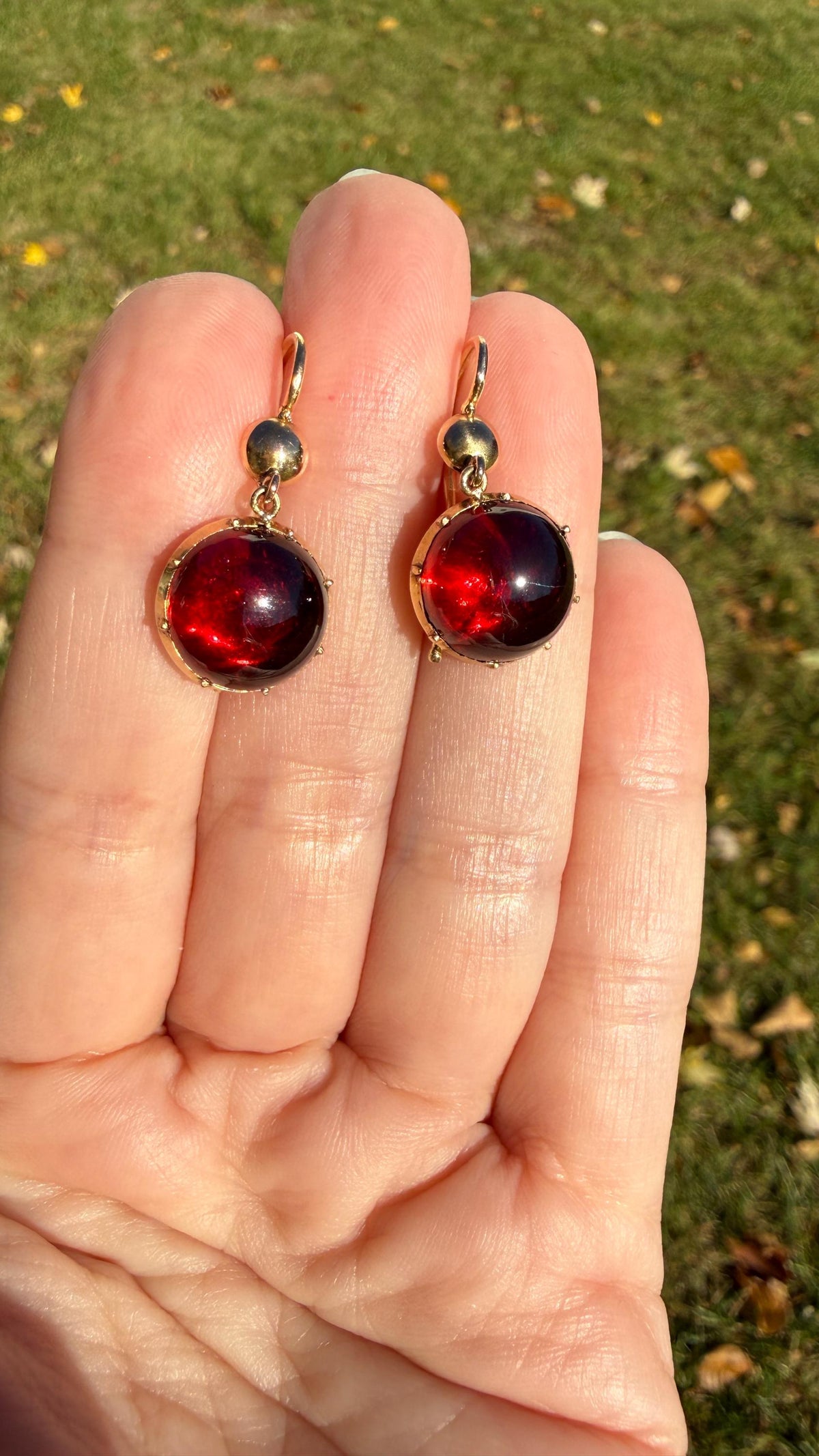 Antique Juicy GARNET Earrings French 18k Gold Collet Set Dangle Glowing Gumdrops Holiday Gift Crimson Berry Red Drops Georgian Victorian