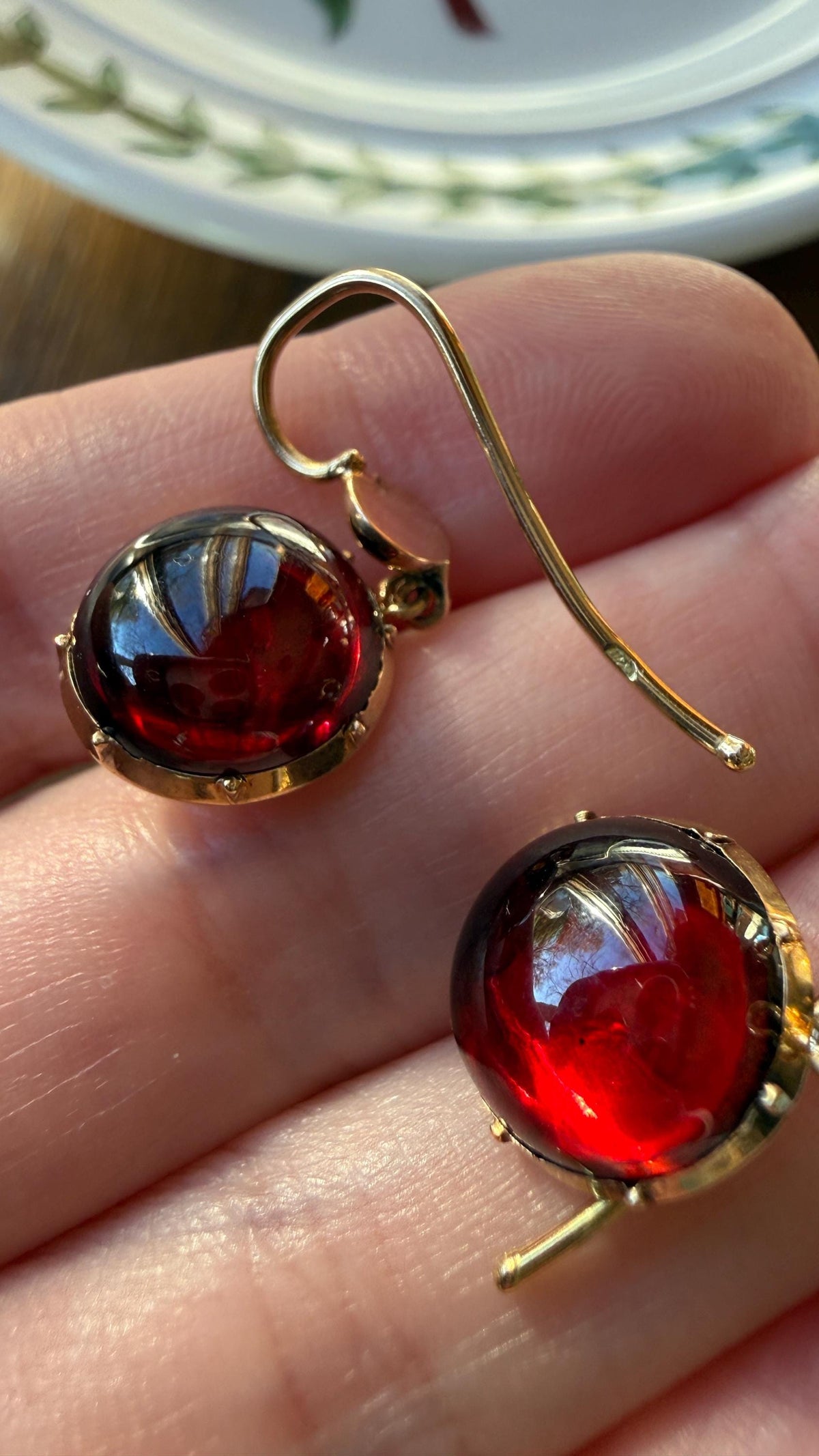 Antique Juicy GARNET Earrings French 18k Gold Collet Set Dangle Glowing Gumdrops Holiday Gift Crimson Berry Red Drops Georgian Victorian