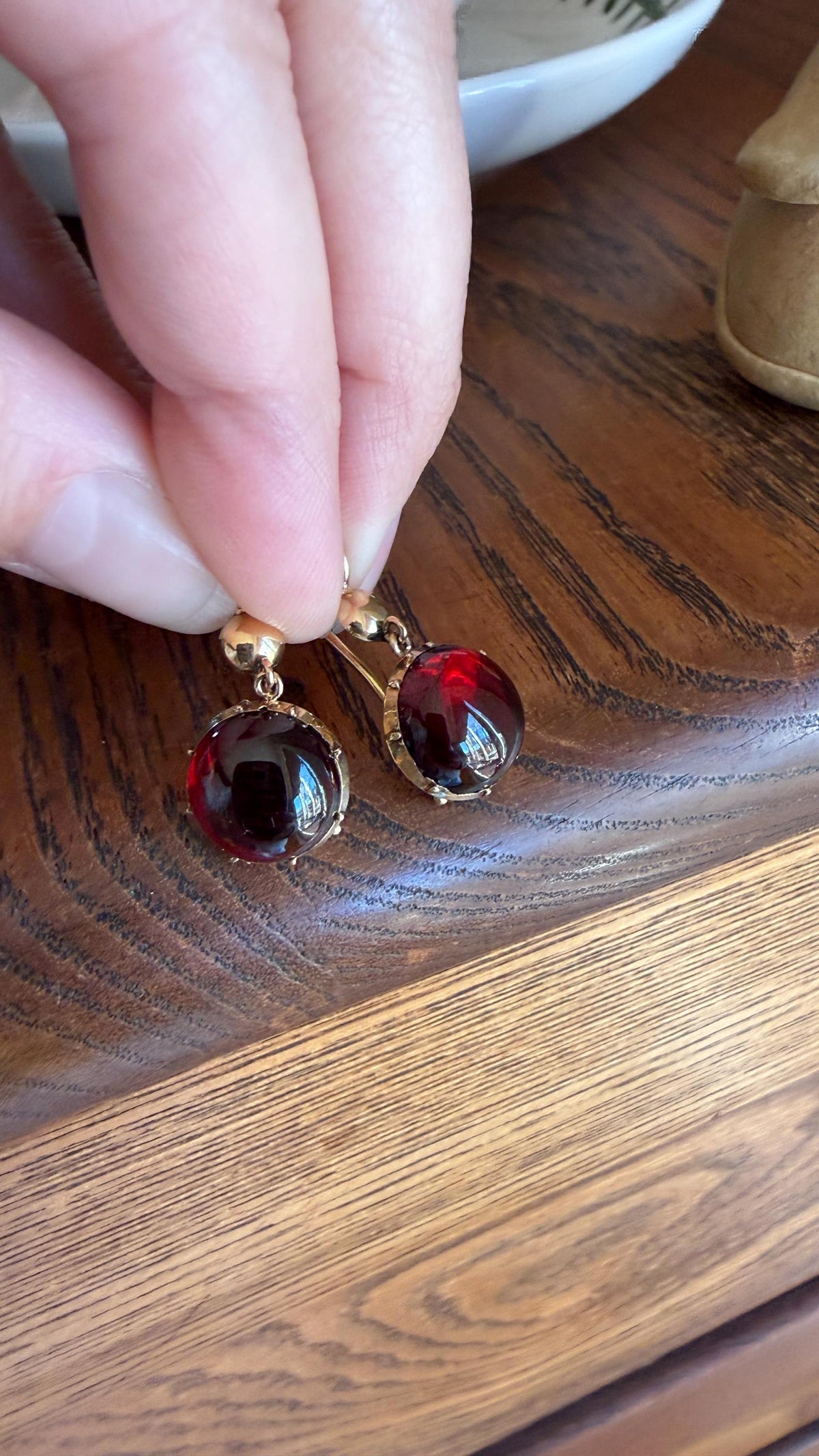 Antique Juicy GARNET Earrings French 18k Gold Collet Set Dangle Glowing Gumdrops Holiday Gift Crimson Berry Red Drops Georgian Victorian
