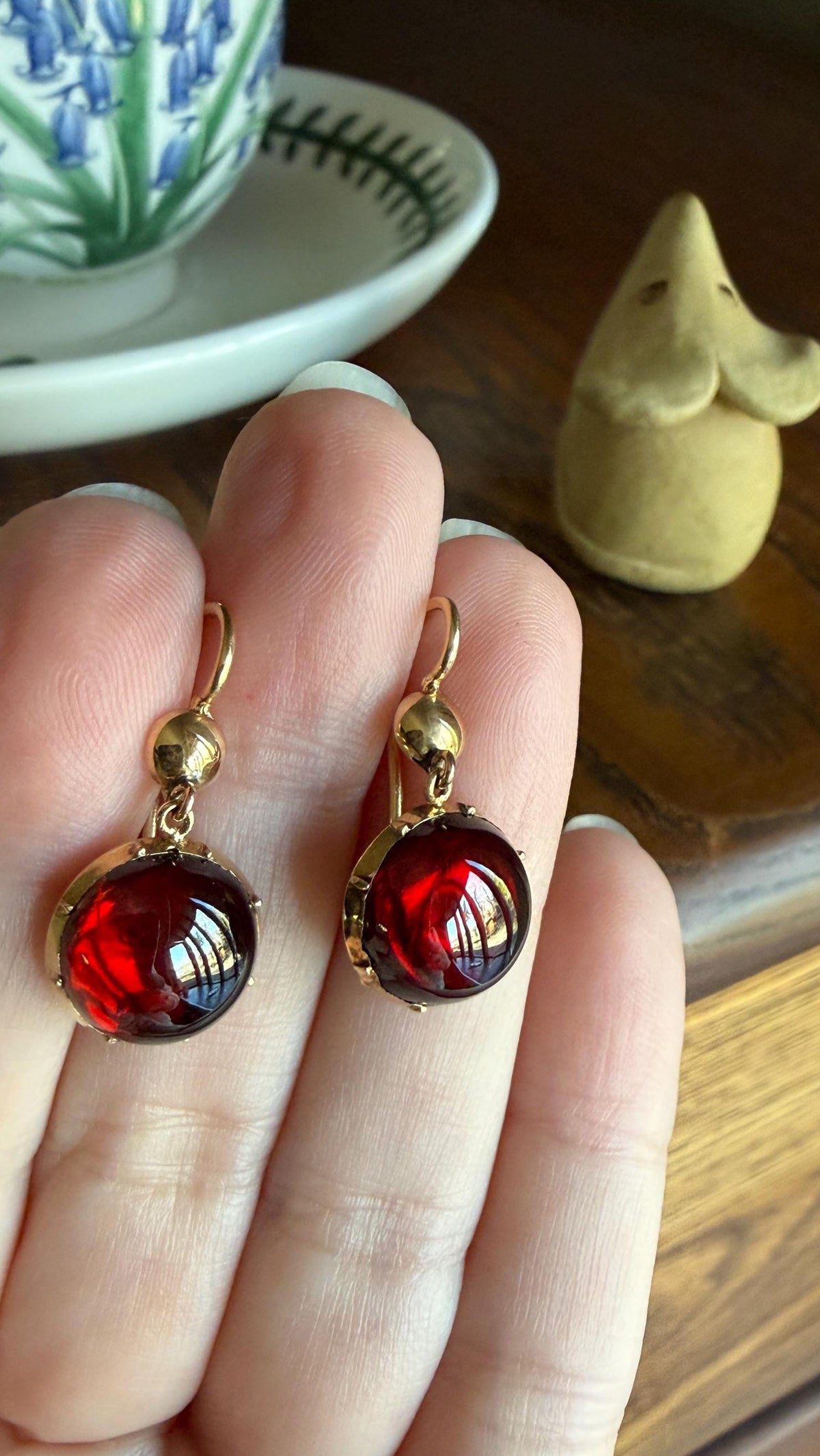 Antique Juicy GARNET Earrings French 18k Gold Collet Set Dangle Glowing Gumdrops Holiday Gift Crimson Berry Red Drops Georgian Victorian