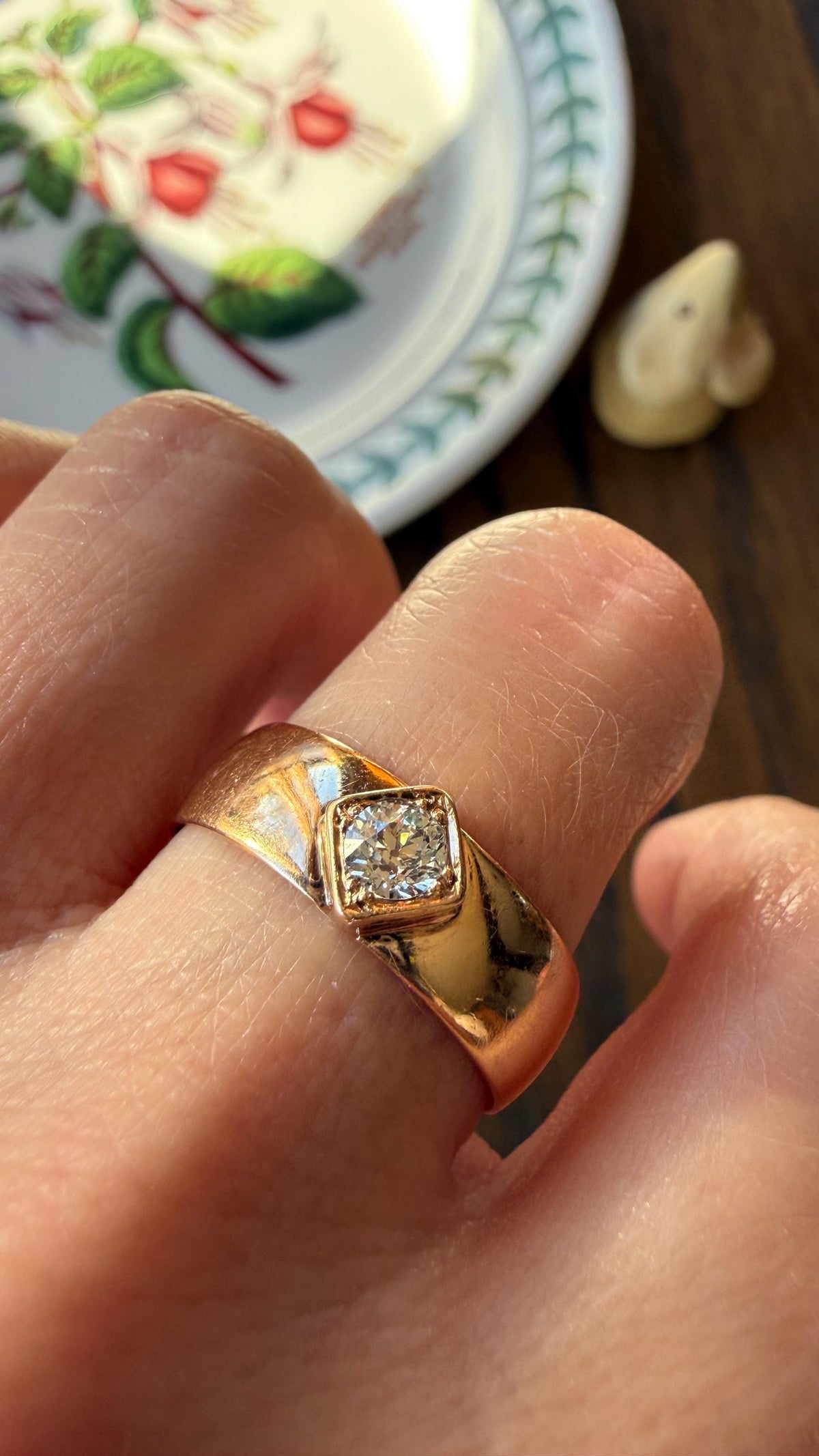 Vintage Eye Clean Natural Old Mine Cut DIAMOND Wide Band Ring 14k Gold Solid Square Bezel Unisex Stacker