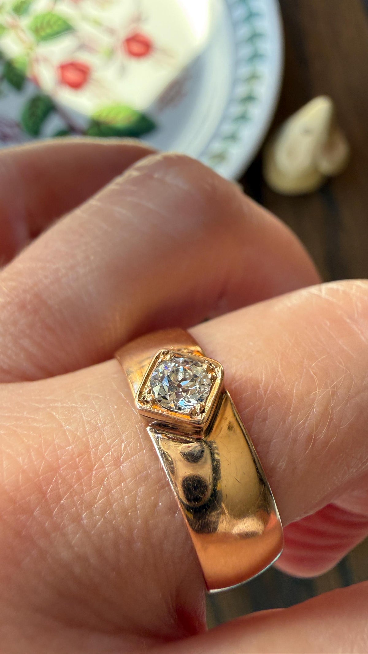Vintage Eye Clean Natural Old Mine Cut DIAMOND Wide Band Ring 14k Gold Solid Square Bezel Unisex Stacker