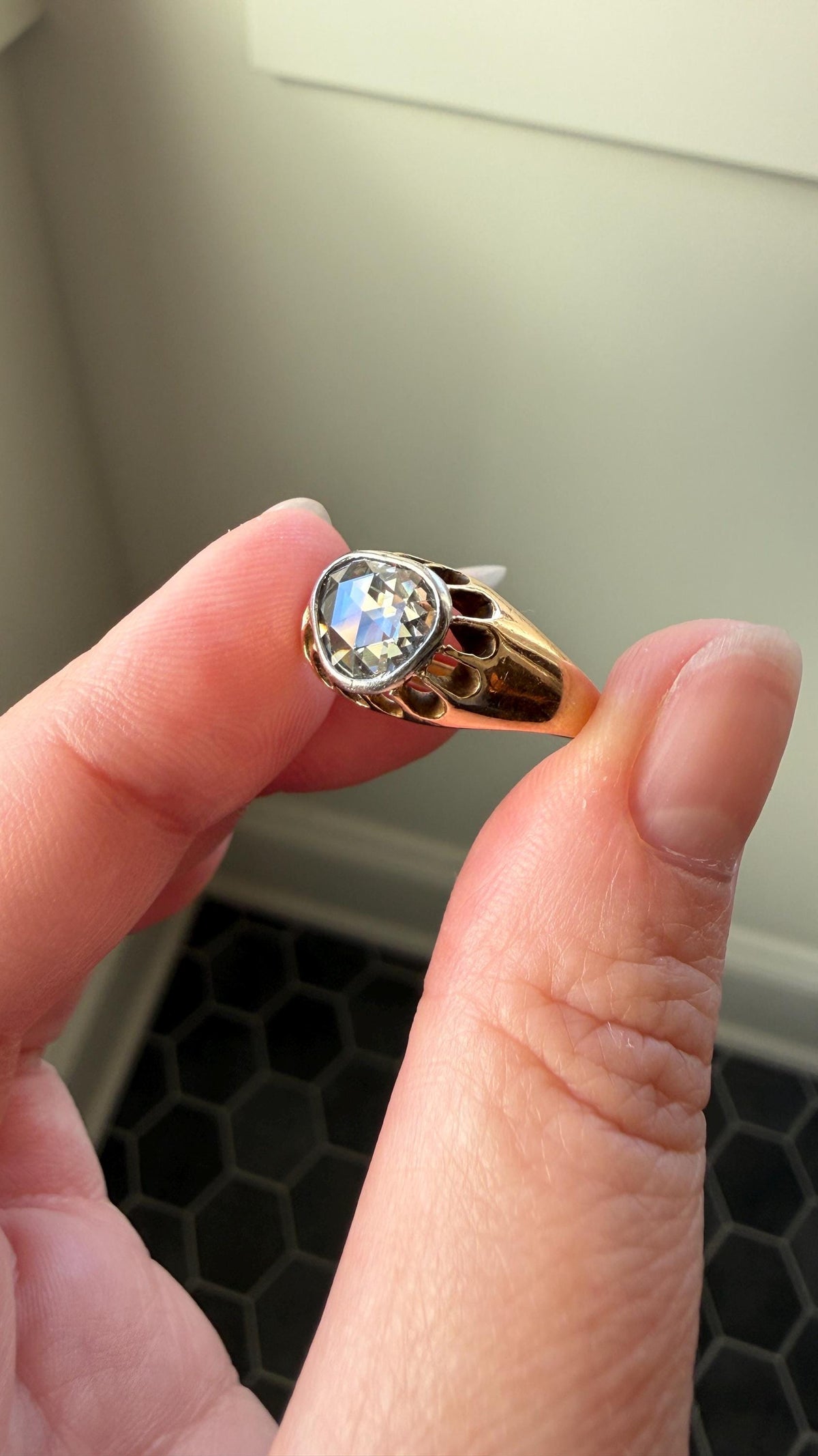 Antique Natural Rose Cut DIAMOND Open Back Ring 18k Gold 1+ Carat Face Up Eye Clean Spready Freeform Triangle Belcher Gypsy Buttercup Band