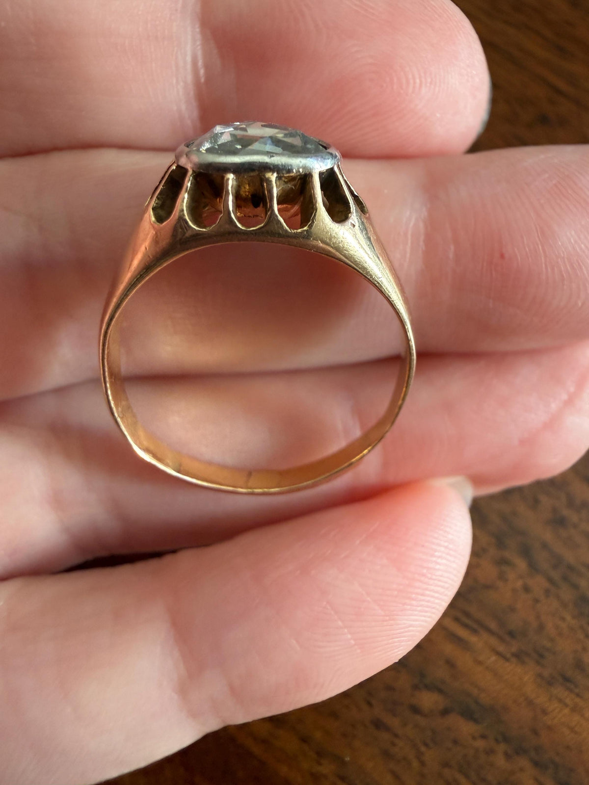 Antique Natural Rose Cut DIAMOND Open Back Ring 18k Gold 1+ Carat Face Up Eye Clean Spready Freeform Triangle Belcher Gypsy Buttercup Band