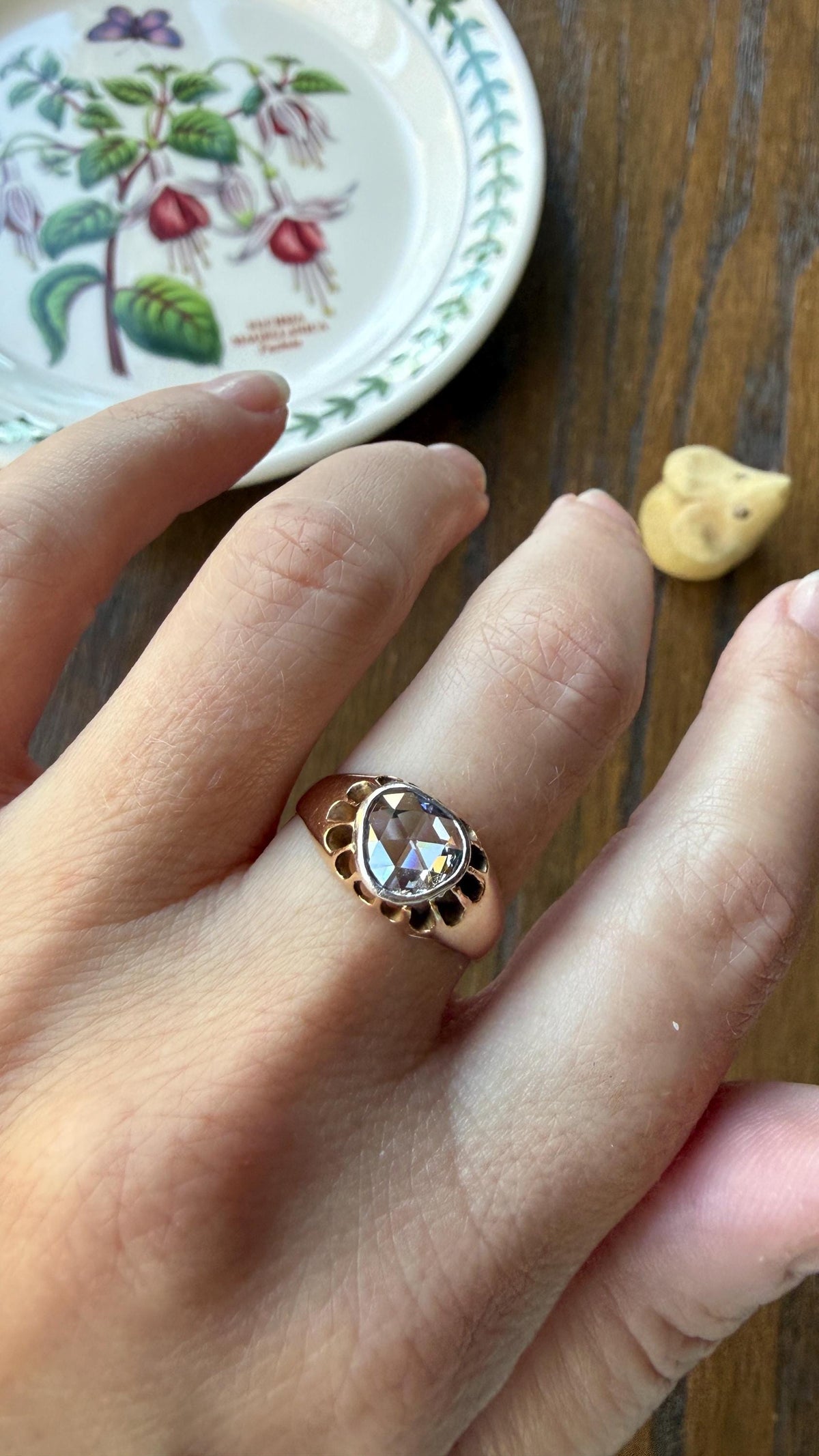Antique Natural Rose Cut DIAMOND Open Back Ring 18k Gold 1+ Carat Face Up Eye Clean Spready Freeform Triangle Belcher Gypsy Buttercup Band