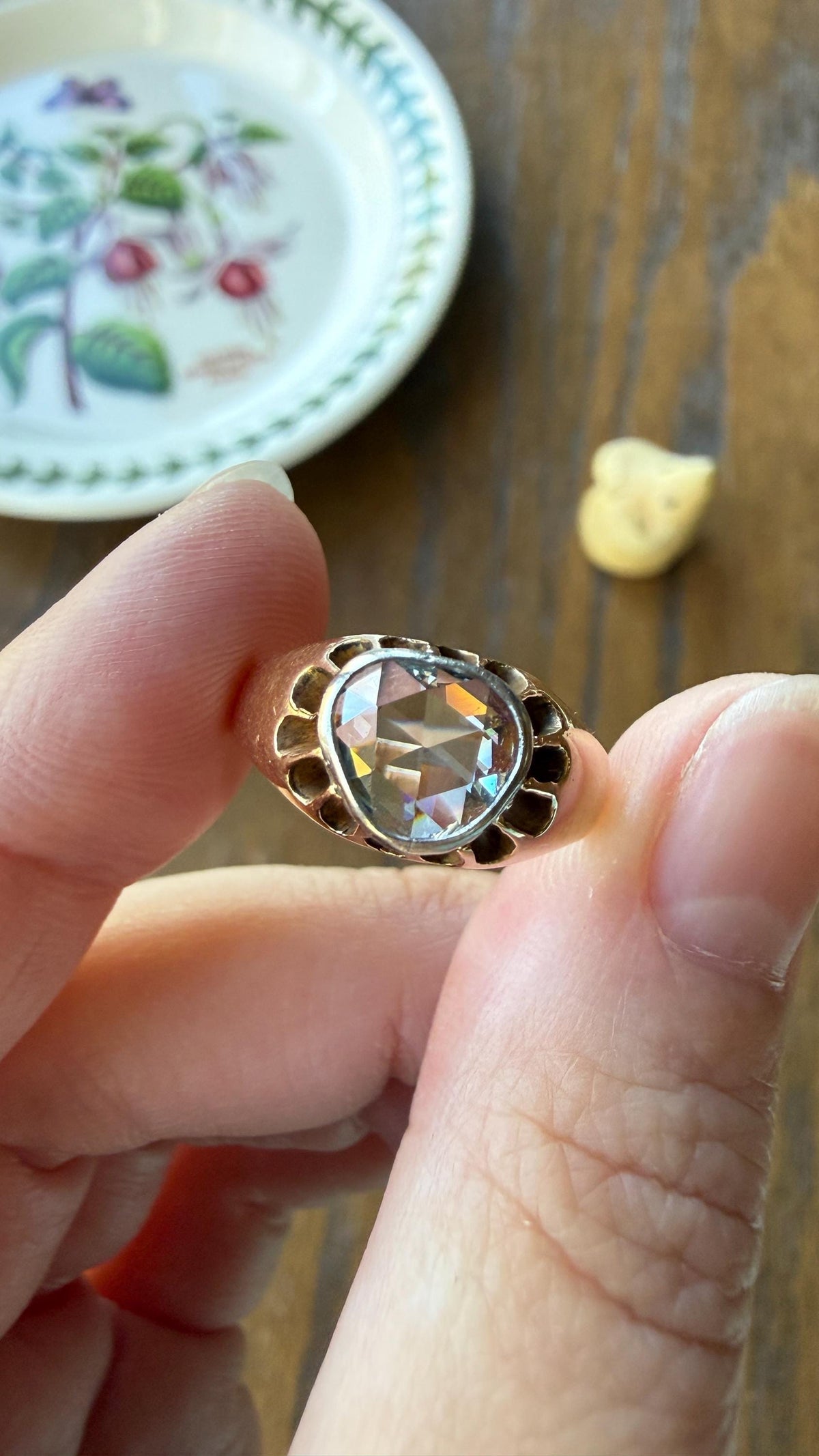 Antique Natural Rose Cut DIAMOND Open Back Ring 18k Gold 1+ Carat Face Up Eye Clean Spready Freeform Triangle Belcher Gypsy Buttercup Band