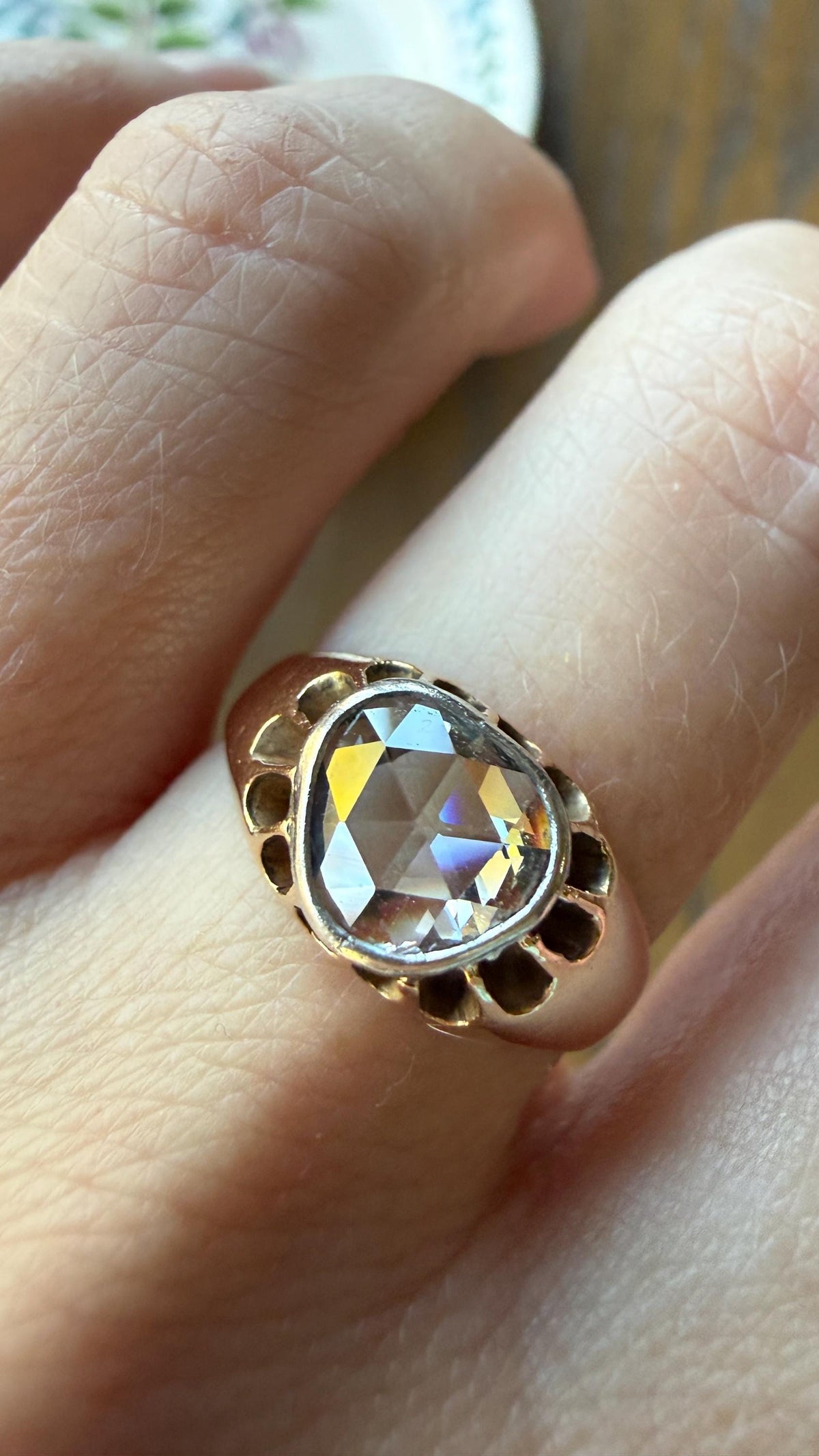 Antique Natural Rose Cut DIAMOND Open Back Ring 18k Gold 1+ Carat Face Up Eye Clean Spready Freeform Triangle Belcher Gypsy Buttercup Band