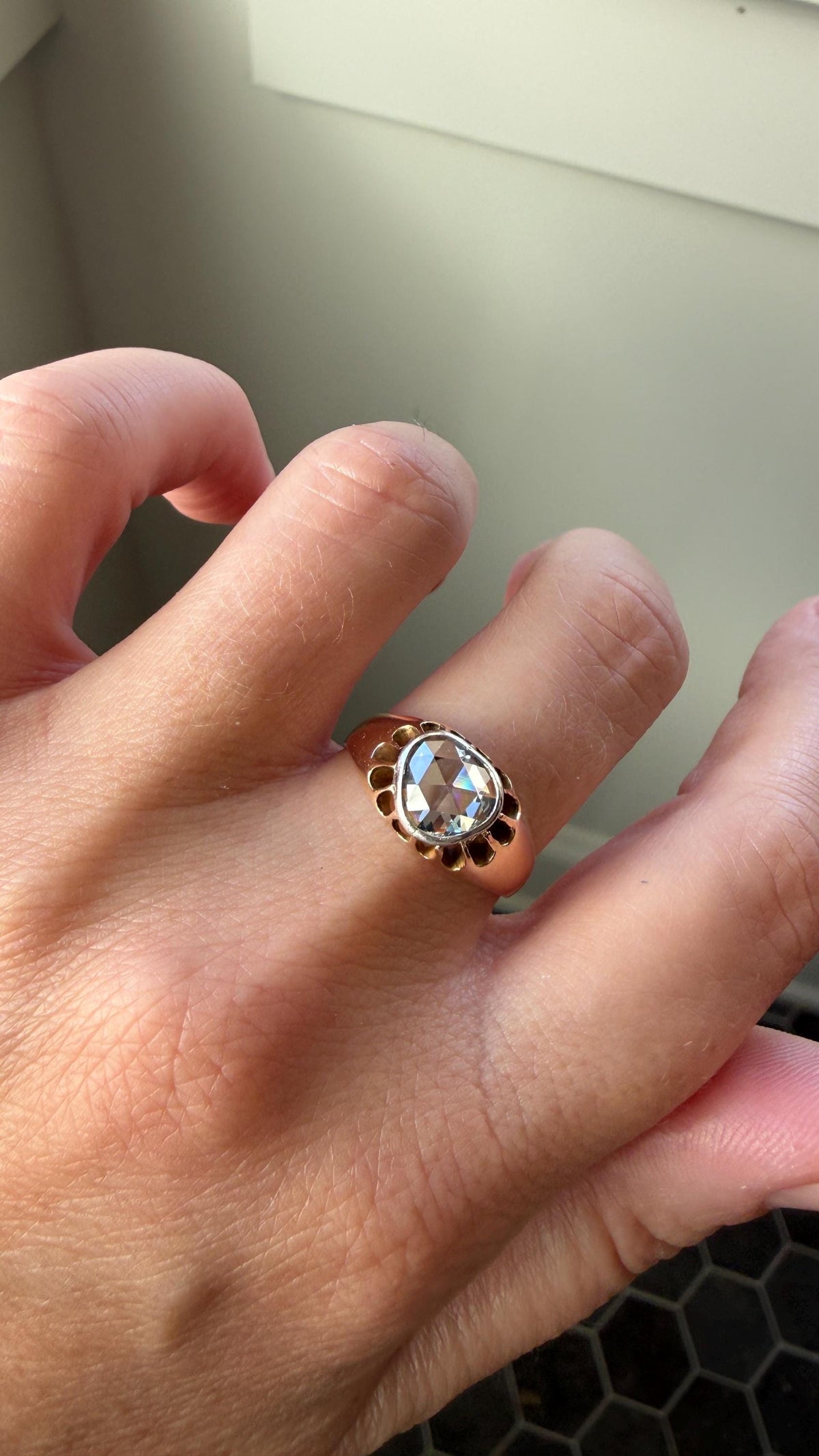 Antique Natural Rose Cut DIAMOND Open Back Ring 18k Gold 1+ Carat Face Up Eye Clean Spready Freeform Triangle Belcher Gypsy Buttercup Band