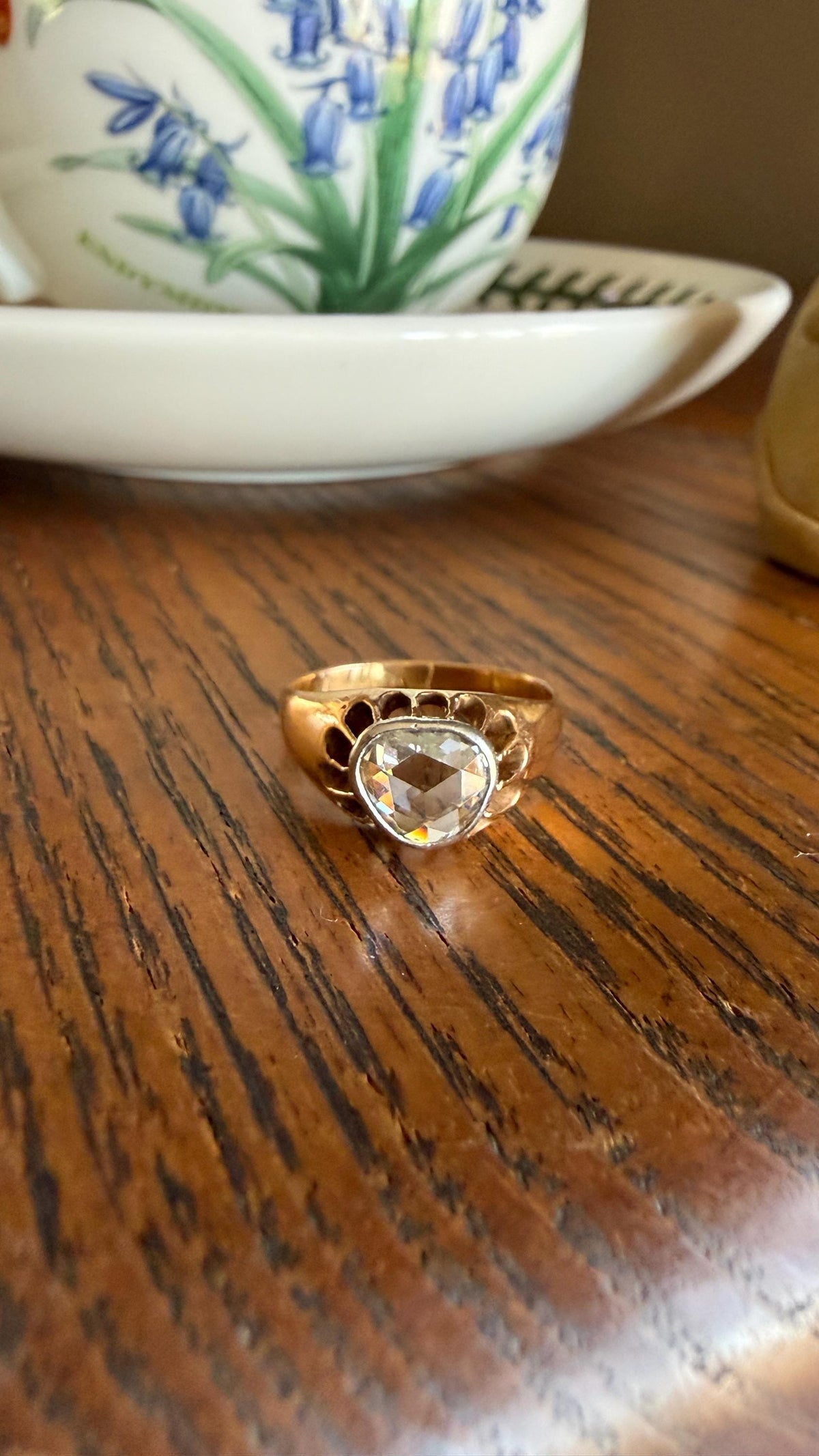 Antique Natural Rose Cut DIAMOND Open Back Ring 18k Gold 1+ Carat Face Up Eye Clean Spready Freeform Triangle Belcher Gypsy Buttercup Band