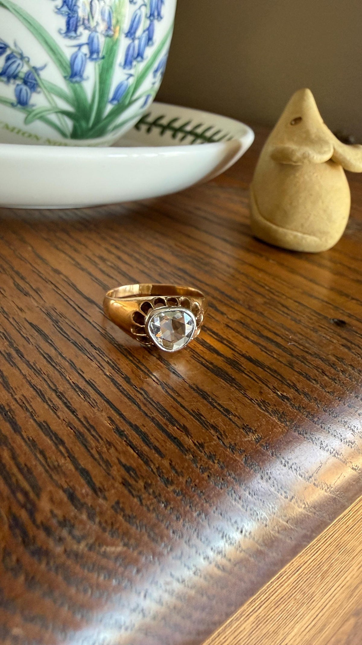 Antique Natural Rose Cut DIAMOND Open Back Ring 18k Gold 1+ Carat Face Up Eye Clean Spready Freeform Triangle Belcher Gypsy Buttercup Band