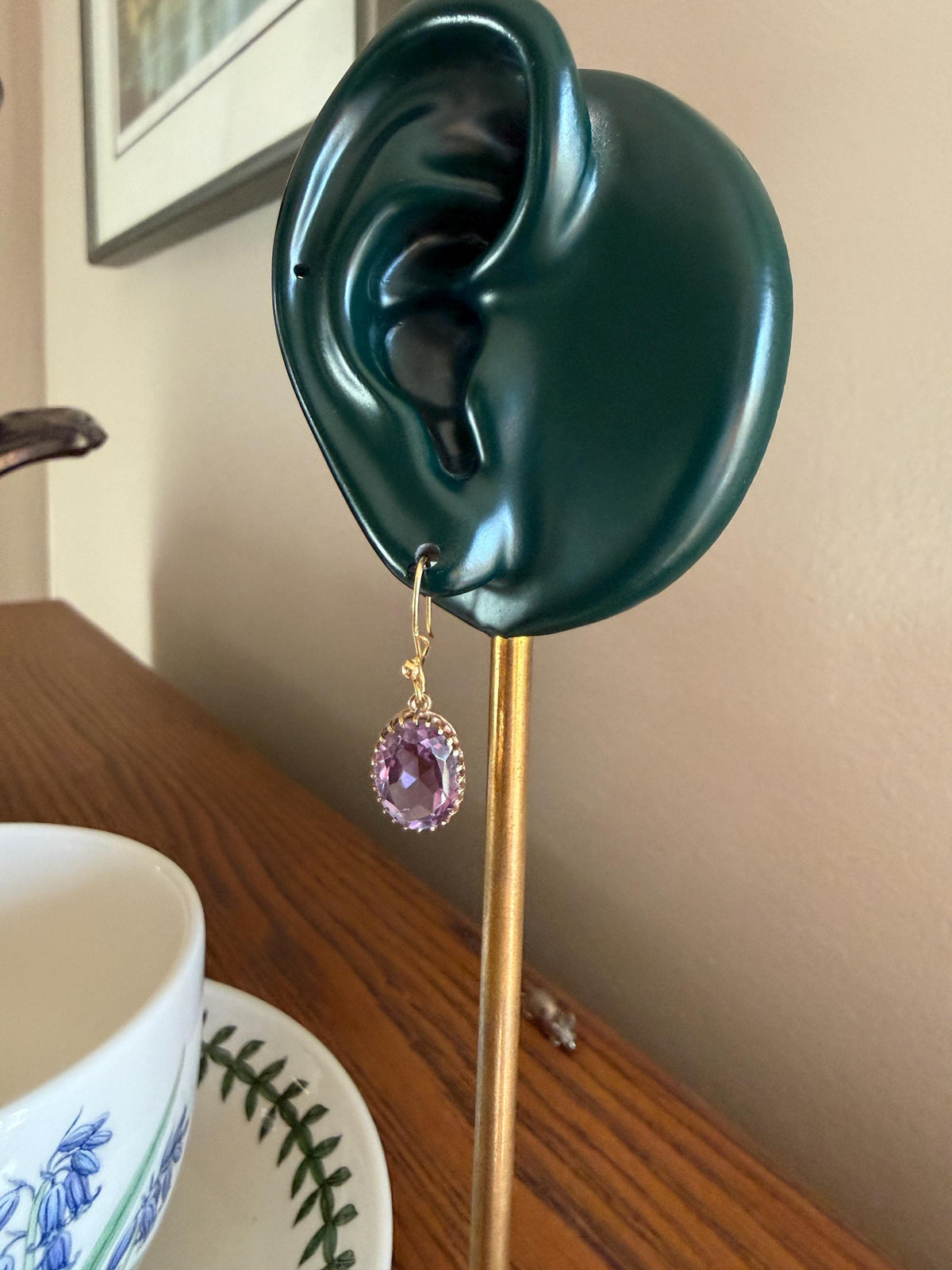 Victorian Antique 9k GOLD Purple Amethyst Dangle EARRINGS Ornate Crown Prong Oval Violet Lilac Lavender Bridal Wedding Something Old