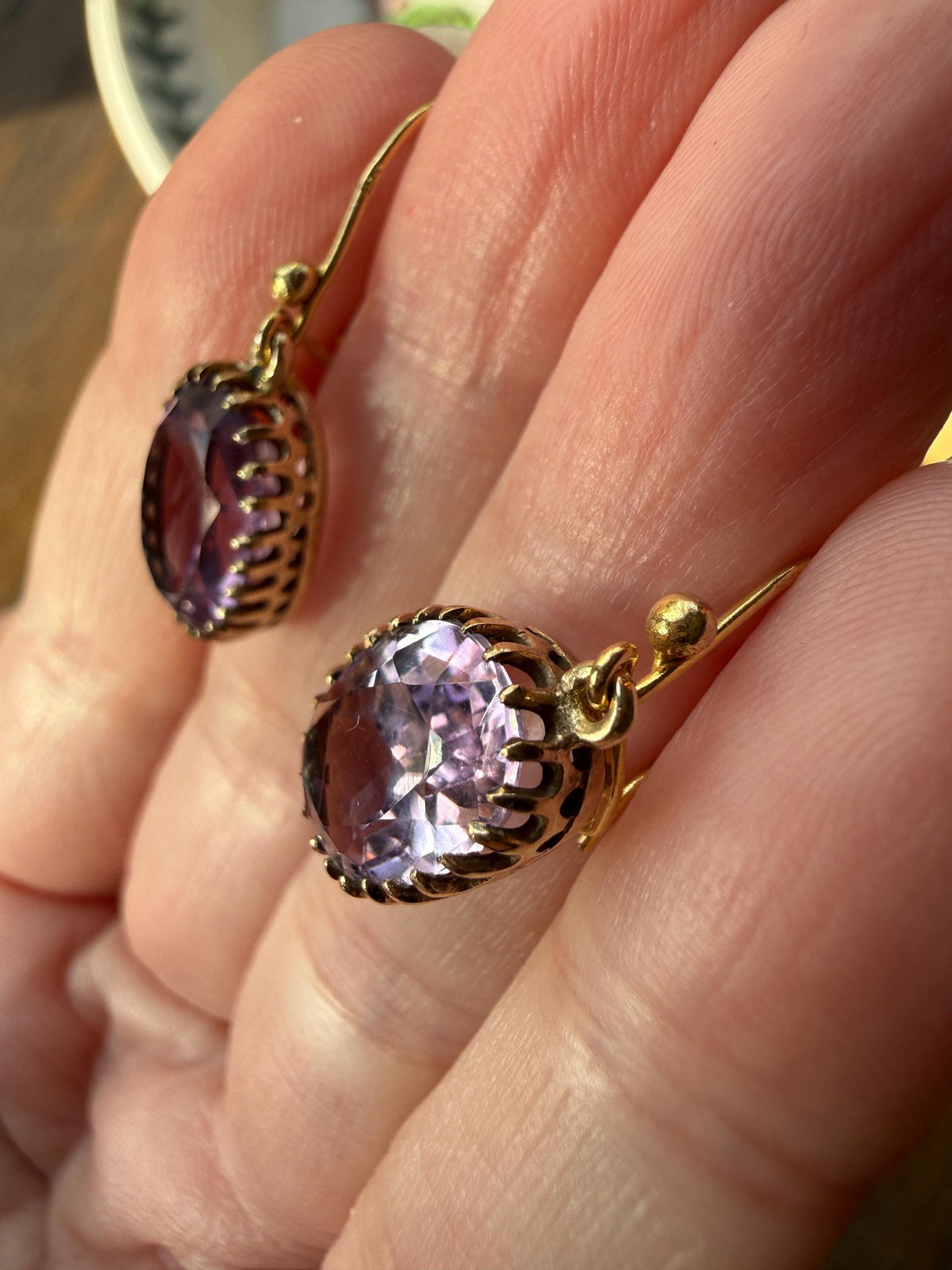 Victorian Antique 9k GOLD Purple Amethyst Dangle EARRINGS Ornate Crown Prong Oval Violet Lilac Lavender Bridal Wedding Something Old