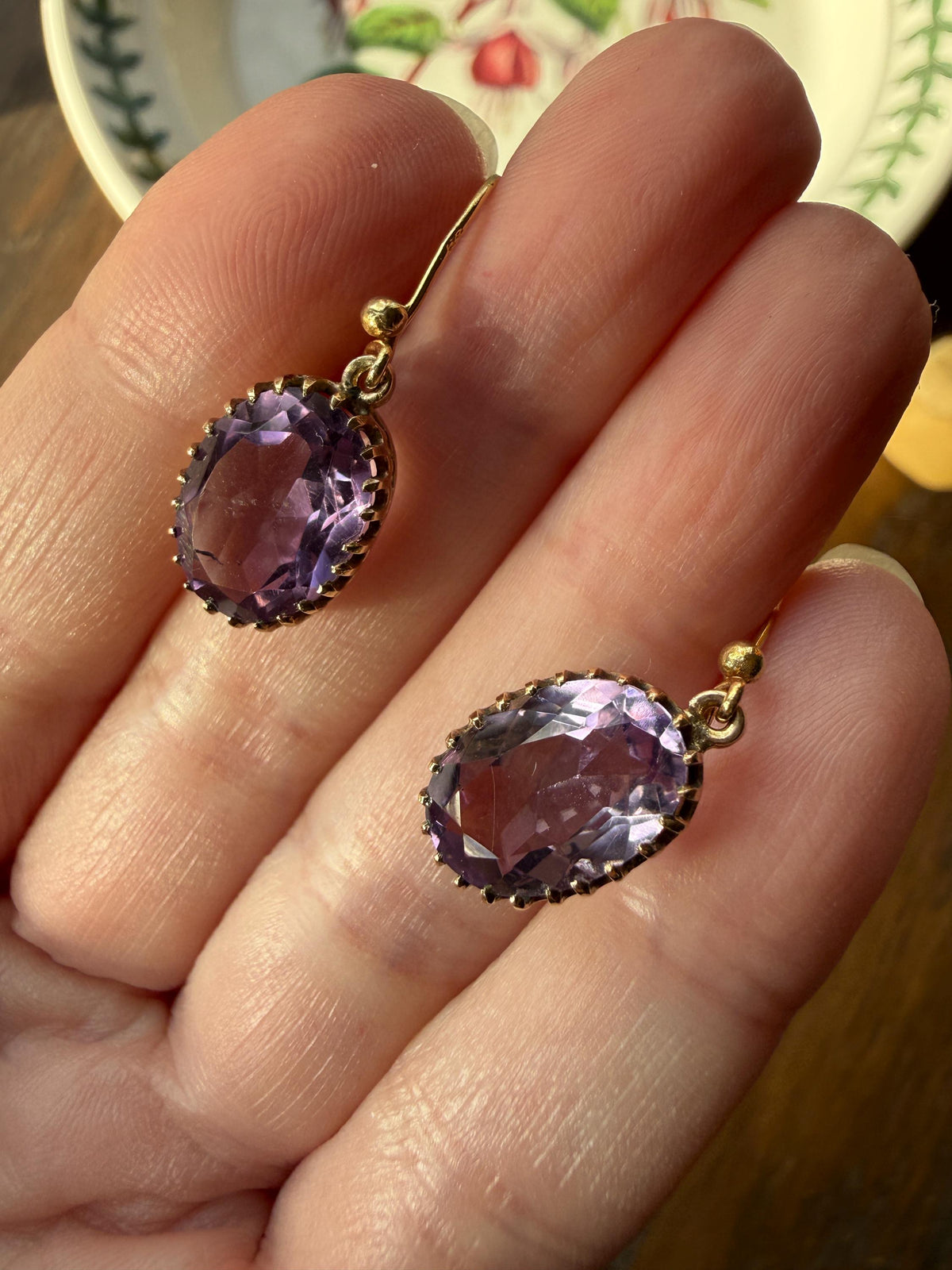Victorian Antique 9k GOLD Purple Amethyst Dangle EARRINGS Ornate Crown Prong Oval Violet Lilac Lavender Bridal Wedding Something Old