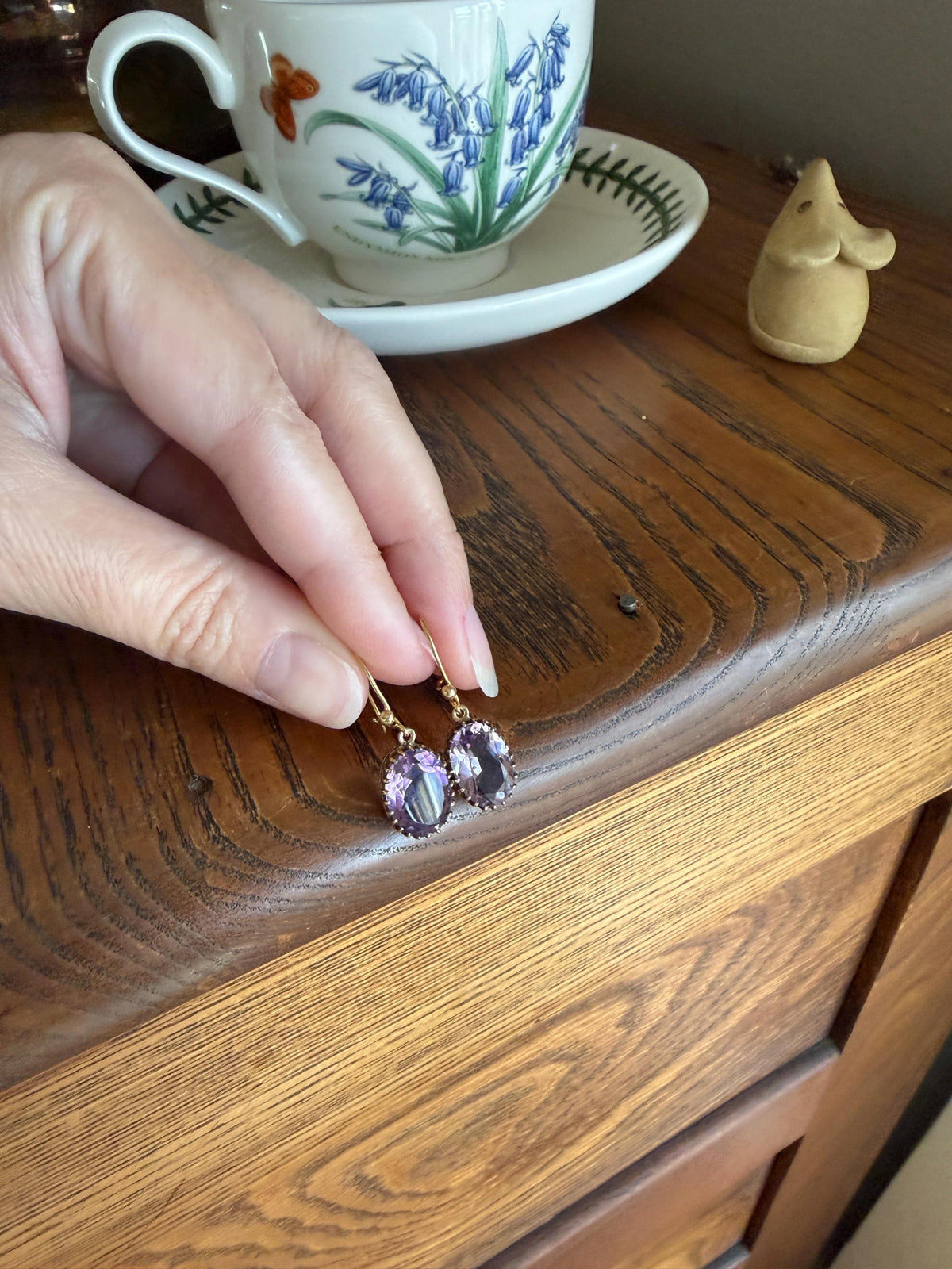 Victorian Antique 9k GOLD Purple Amethyst Dangle EARRINGS Ornate Crown Prong Oval Violet Lilac Lavender Bridal Wedding Something Old