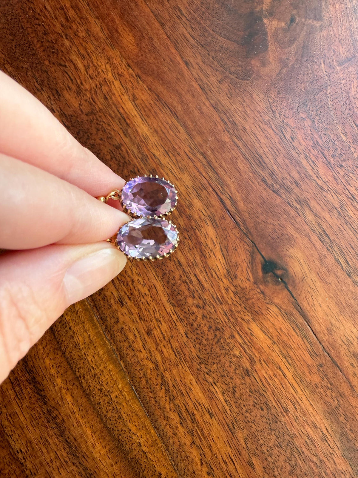 Victorian Antique 9k GOLD Purple Amethyst Dangle EARRINGS Ornate Crown Prong Oval Violet Lilac Lavender Bridal Wedding Something Old