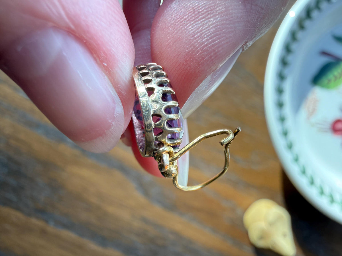 Victorian Antique 9k GOLD Purple Amethyst Dangle EARRINGS Ornate Crown Prong Oval Violet Lilac Lavender Bridal Wedding Something Old
