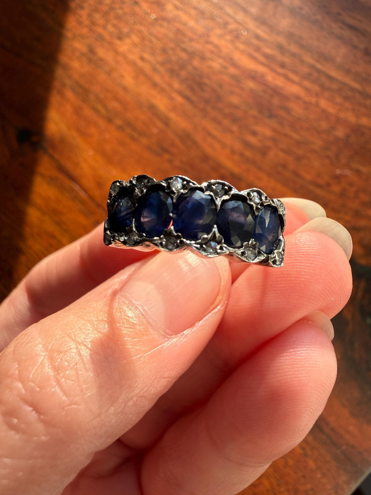 Antique Natural Sapphire Velvety Blue Five Stone Ring with Rose Cut Diamond Spacers Royal Blue Aura Art Deco Uniform Size Stacker Band