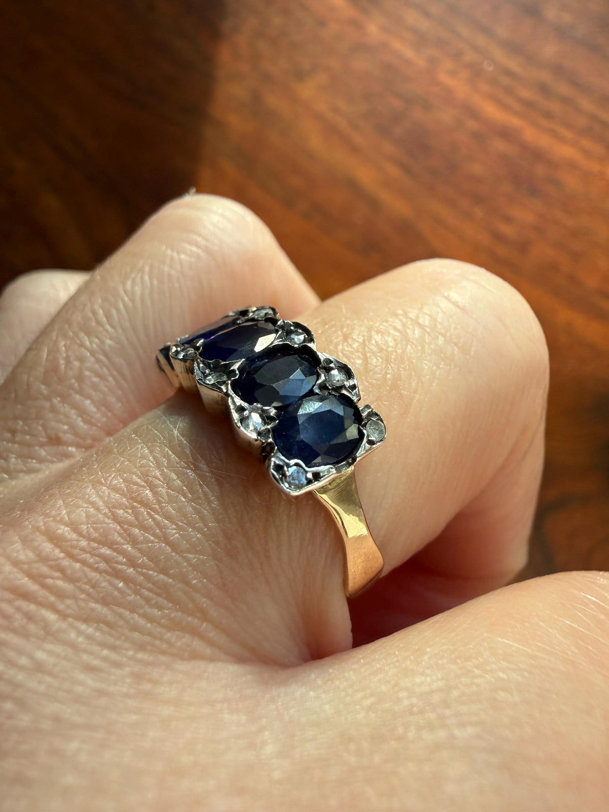 Antique Natural Sapphire Velvety Blue Five Stone Ring with Rose Cut Diamond Spacers Royal Blue Aura Art Deco Uniform Size Stacker Band