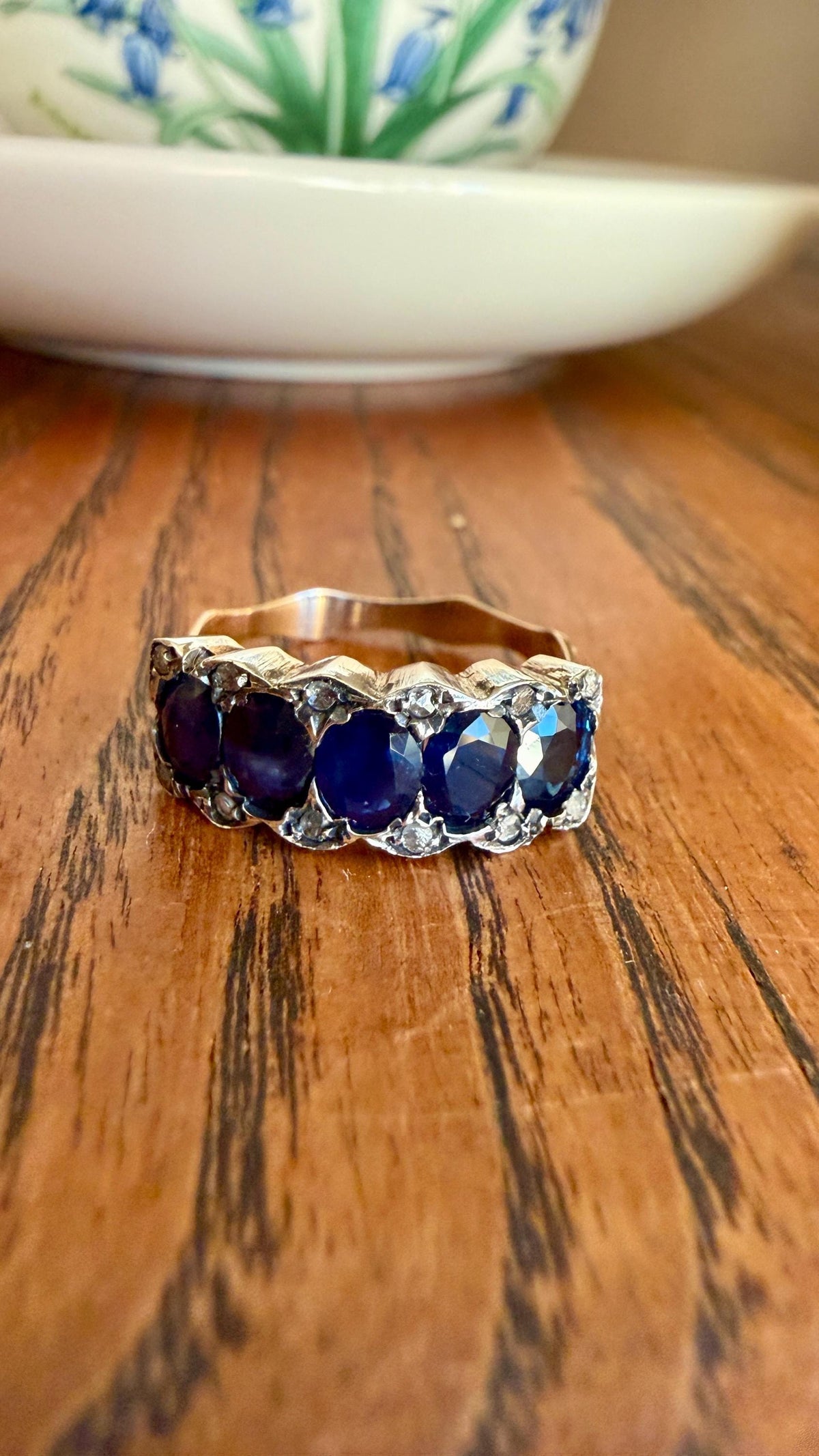 Antique Natural Sapphire Velvety Blue Five Stone Ring with Rose Cut Diamond Spacers Royal Blue Aura Art Deco Uniform Size Stacker Band