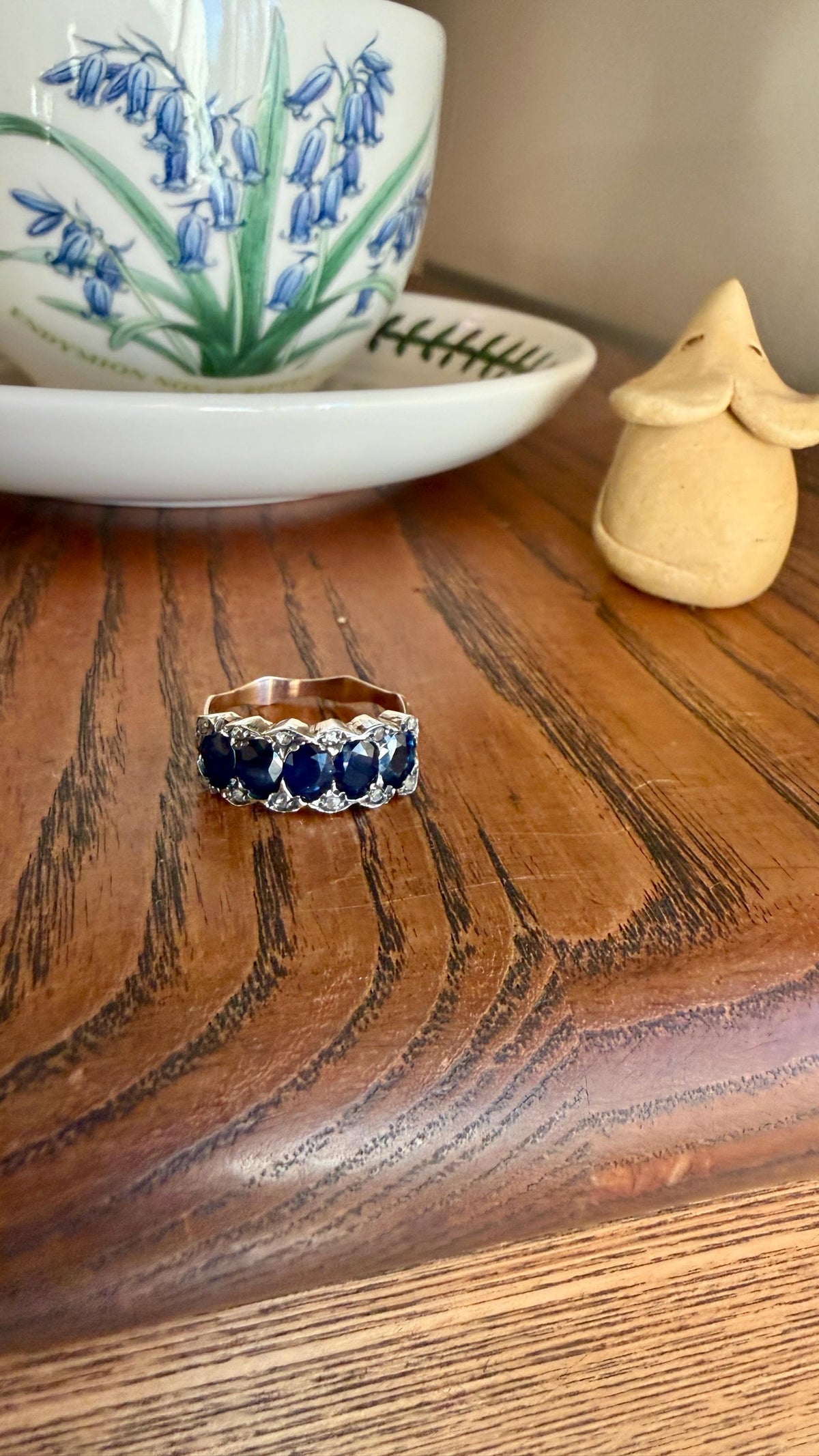 Antique Natural Sapphire Velvety Blue Five Stone Ring with Rose Cut Diamond Spacers Royal Blue Aura Art Deco Uniform Size Stacker Band