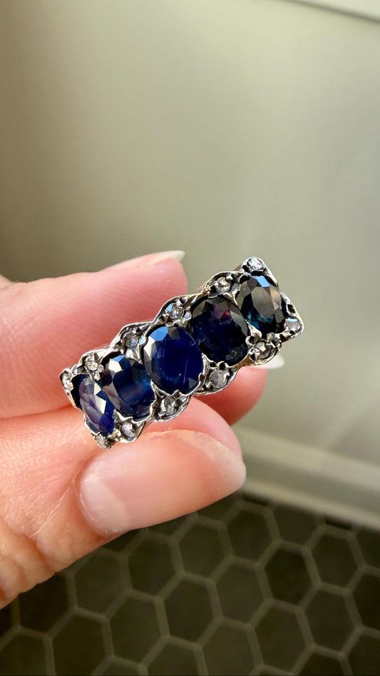 Antique Natural Sapphire Velvety Blue Five Stone Ring with Rose Cut Diamond Spacers Royal Blue Aura Art Deco Uniform Size Stacker Band