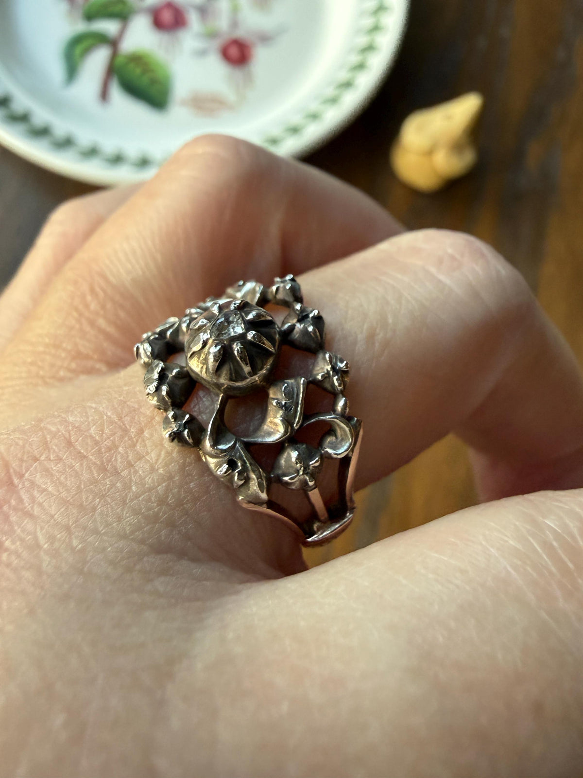 Ornate Victorian Antique Lacy Floral Vine 14k Gold Silver Rose Cut Diamond Ring Scrolled Wide Band Stacker
