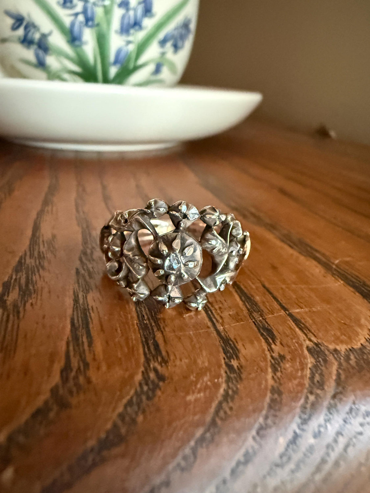 Ornate Victorian Antique Lacy Floral Vine 14k Gold Silver Rose Cut Diamond Ring Scrolled Wide Band Stacker