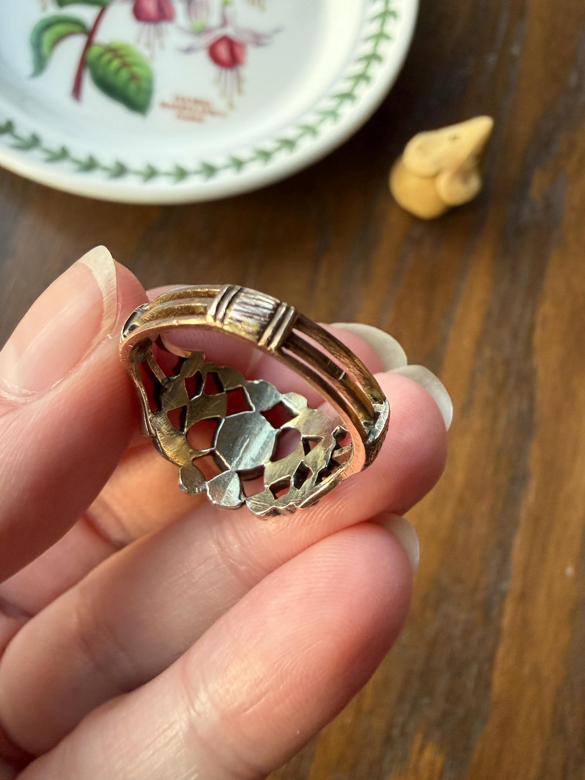 Ornate Victorian Antique Lacy Floral Vine 14k Gold Silver Rose Cut Diamond Ring Scrolled Wide Band Stacker