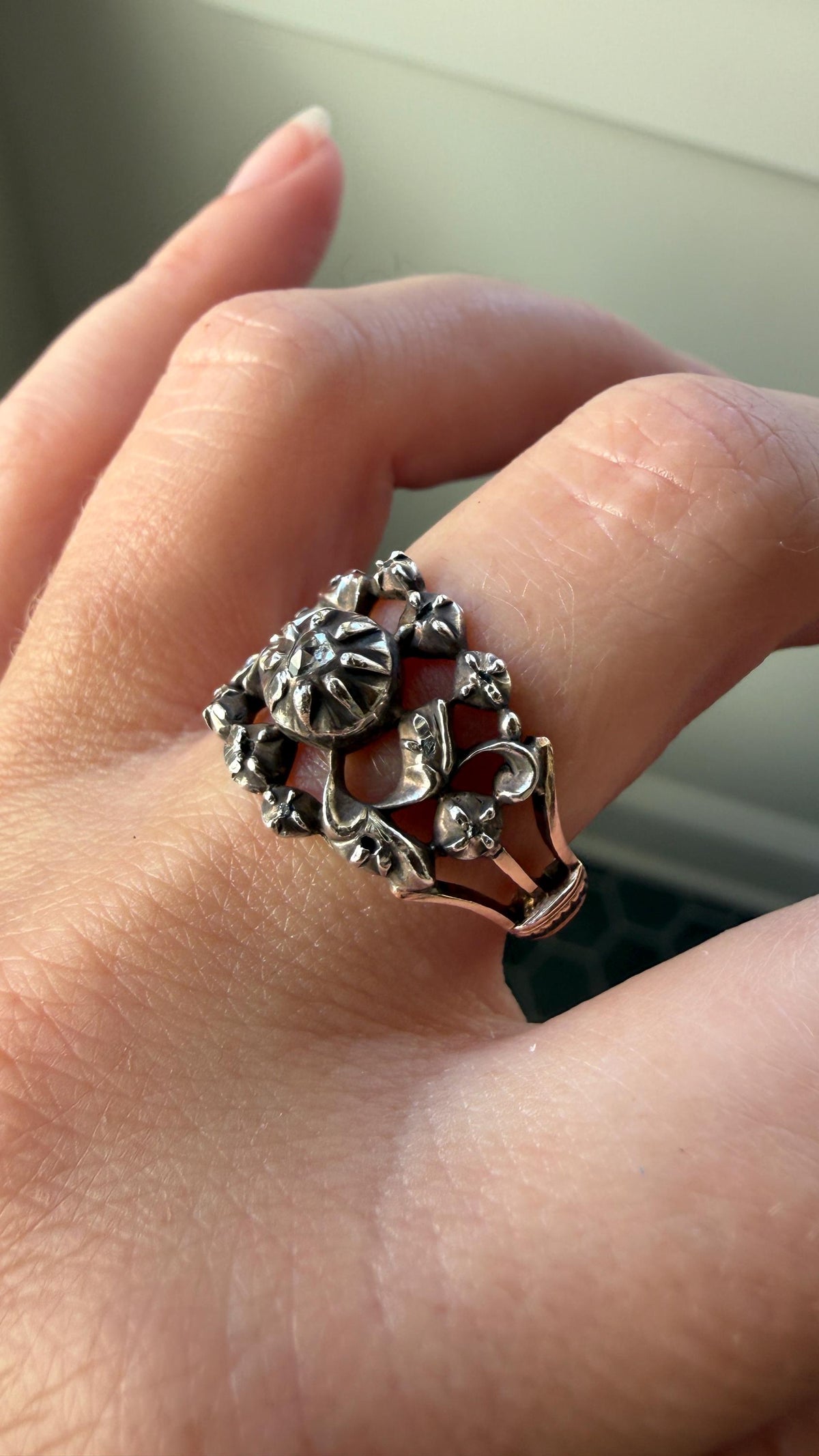 Ornate Victorian Antique Lacy Floral Vine 14k Gold Silver Rose Cut Diamond Ring Scrolled Wide Band Stacker